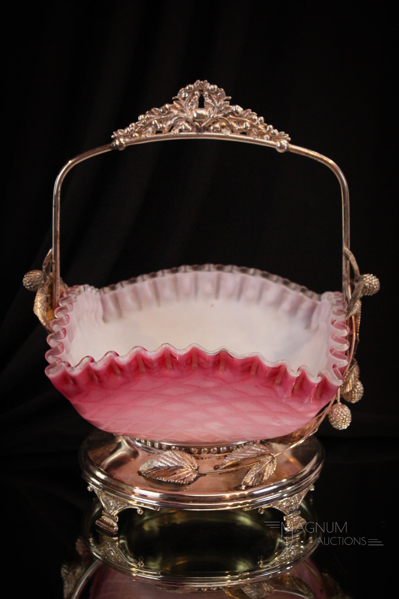 Victorian Hartford Silverplate Mother of Peal Satin Glass Brides Basket Bowl (1 of 13)