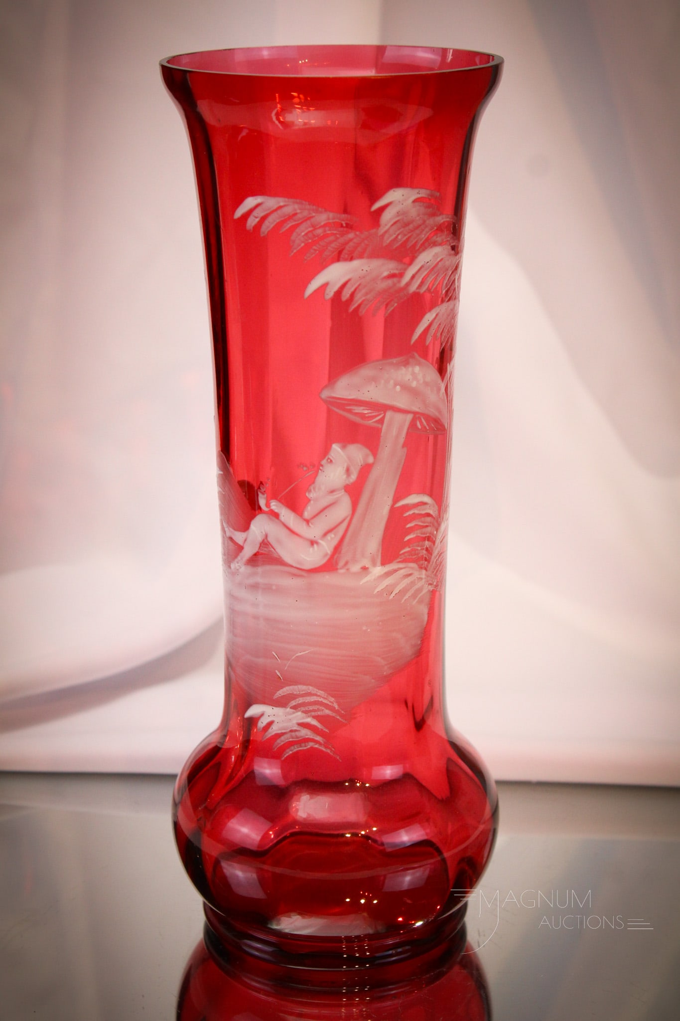 Cranberry Victorian Mary Gregory Glass Gnome & Toadstool Enameled 10" Vase (1 of 5)