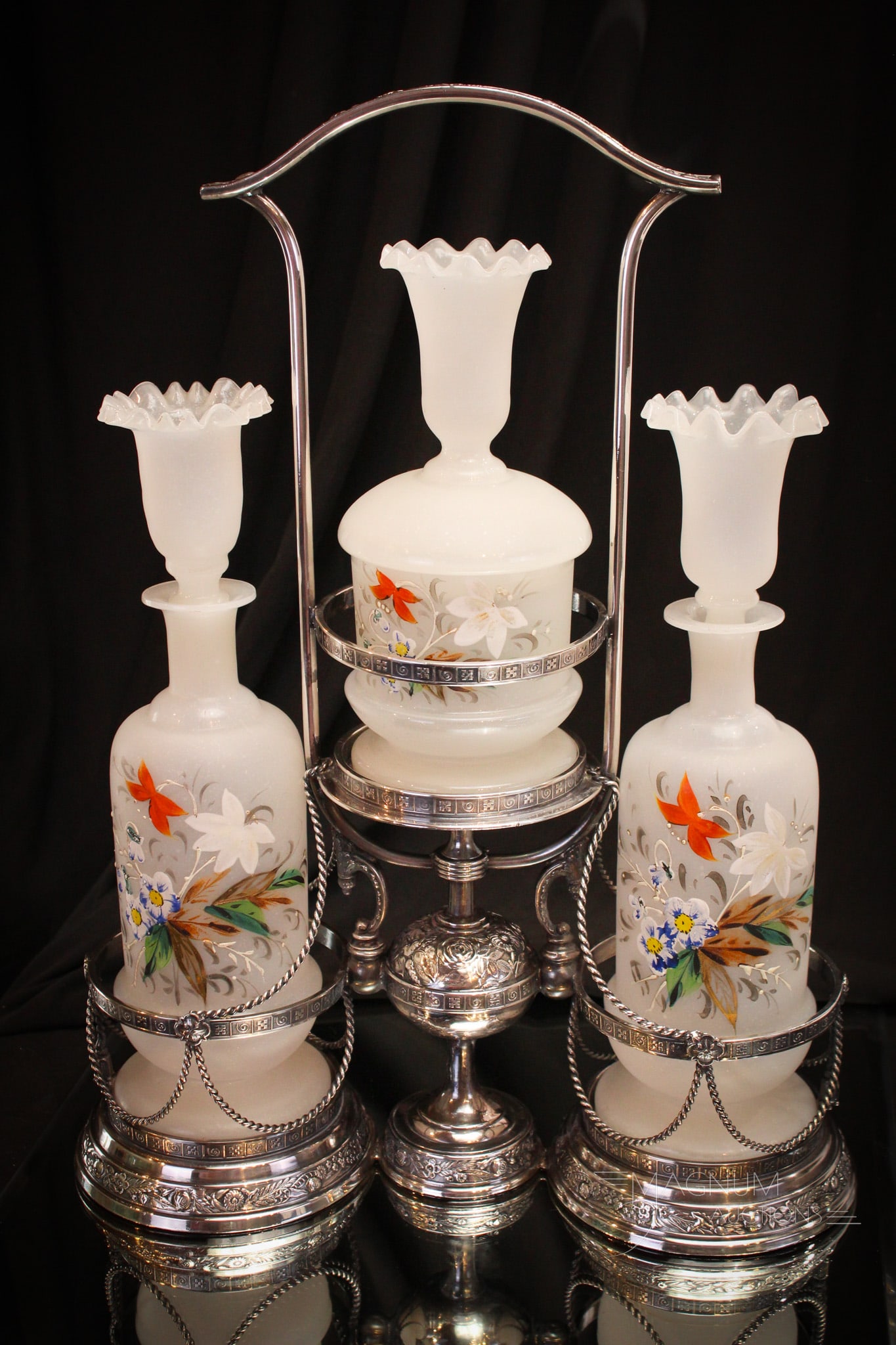 16" Reed & Barton Victorian Silverplate & Opaline Glass Vanity Cologne Castor (1 of 13)