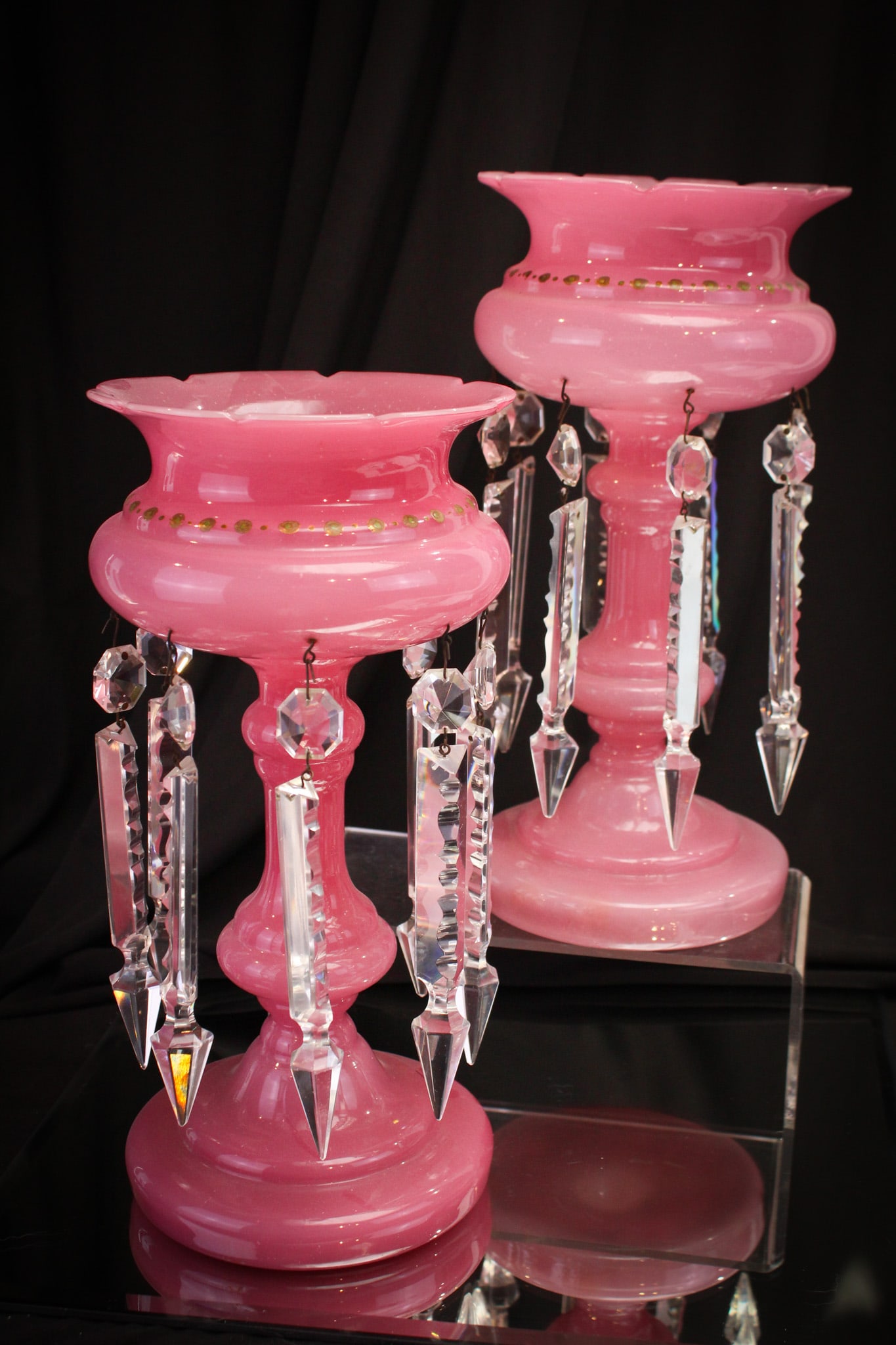 Pair Victorian Rose Clambroth Gilt Decorated Mantle Lusters: Fine understated pair of gorgeous rose clambroth Victorian mantle lusters complete with spear point prisms and gilt decoration. Pair measures 11" tall. Beautiful collection enhancing pair.