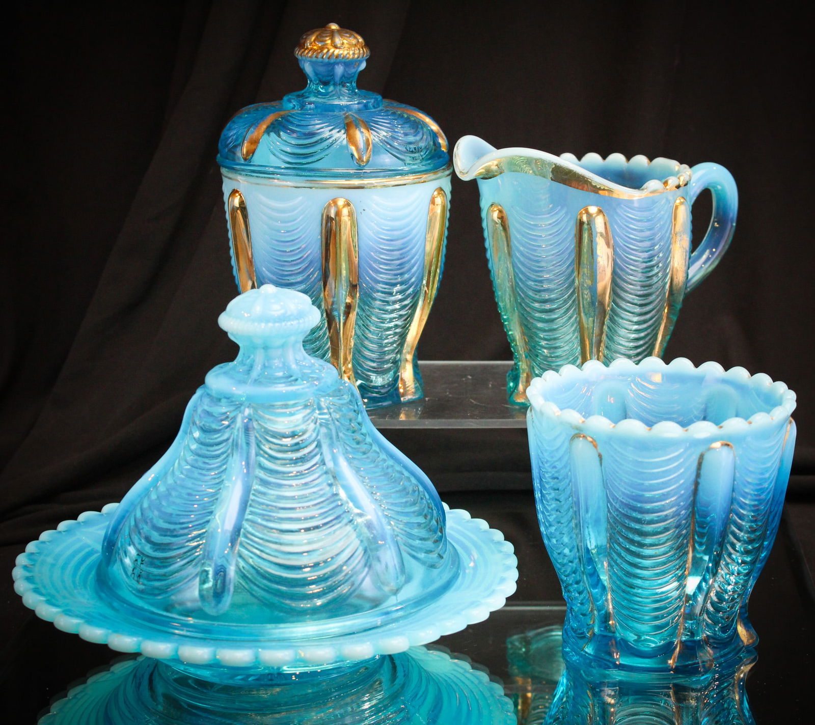 4 pc Lot Northwood Blue Opalescent Drapery Table Set (1 of 16)