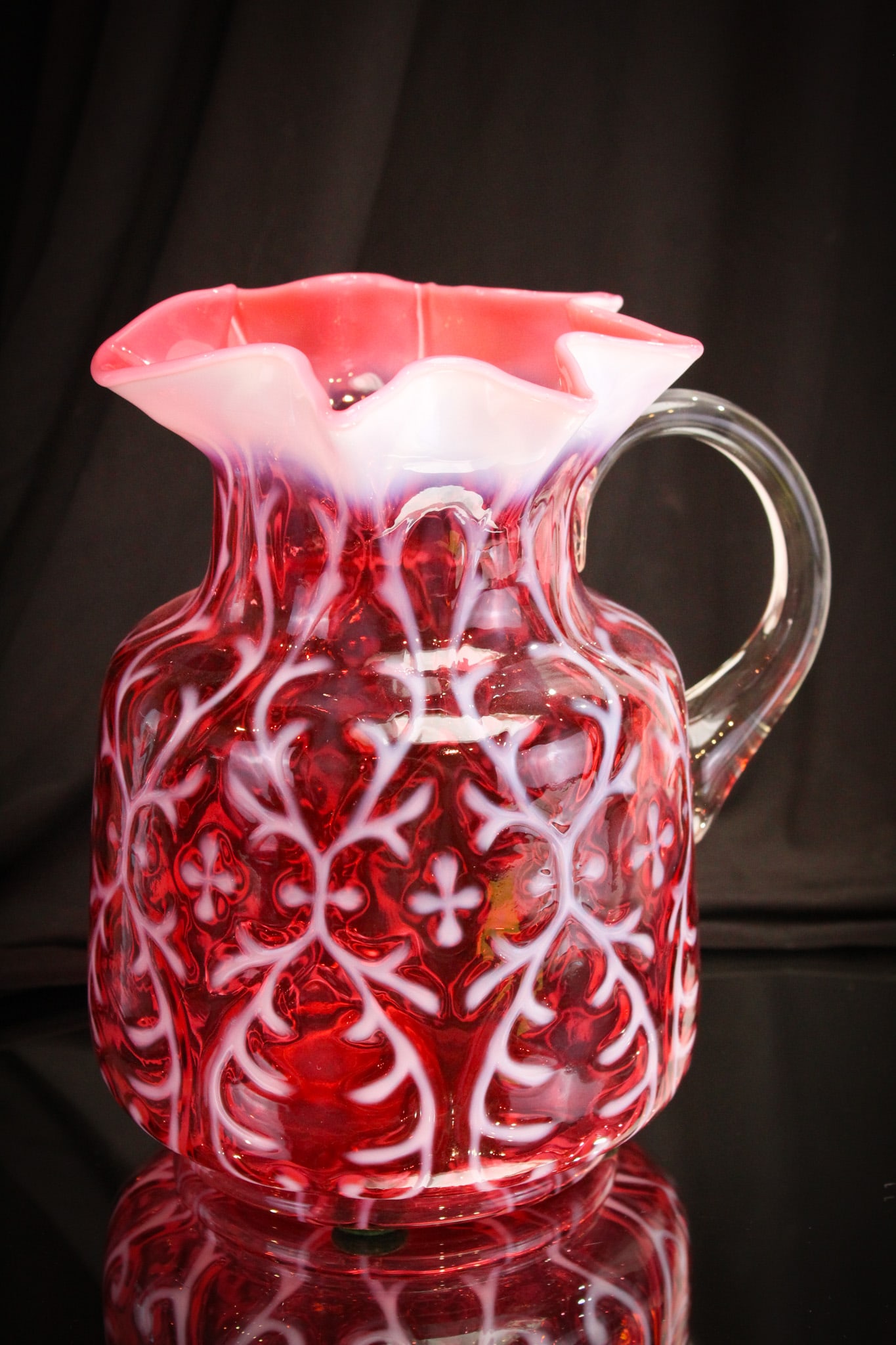 Northwood Cranberry Opalescent Spanish Lace Shoulder Mold Water Pitcher: Seldom found example of a Northwood cranberry opalescent Spanish Lace pattern pitcher. This one with super deep rich cranberry coloring and crisp white opalescence. If you want the best example, here 