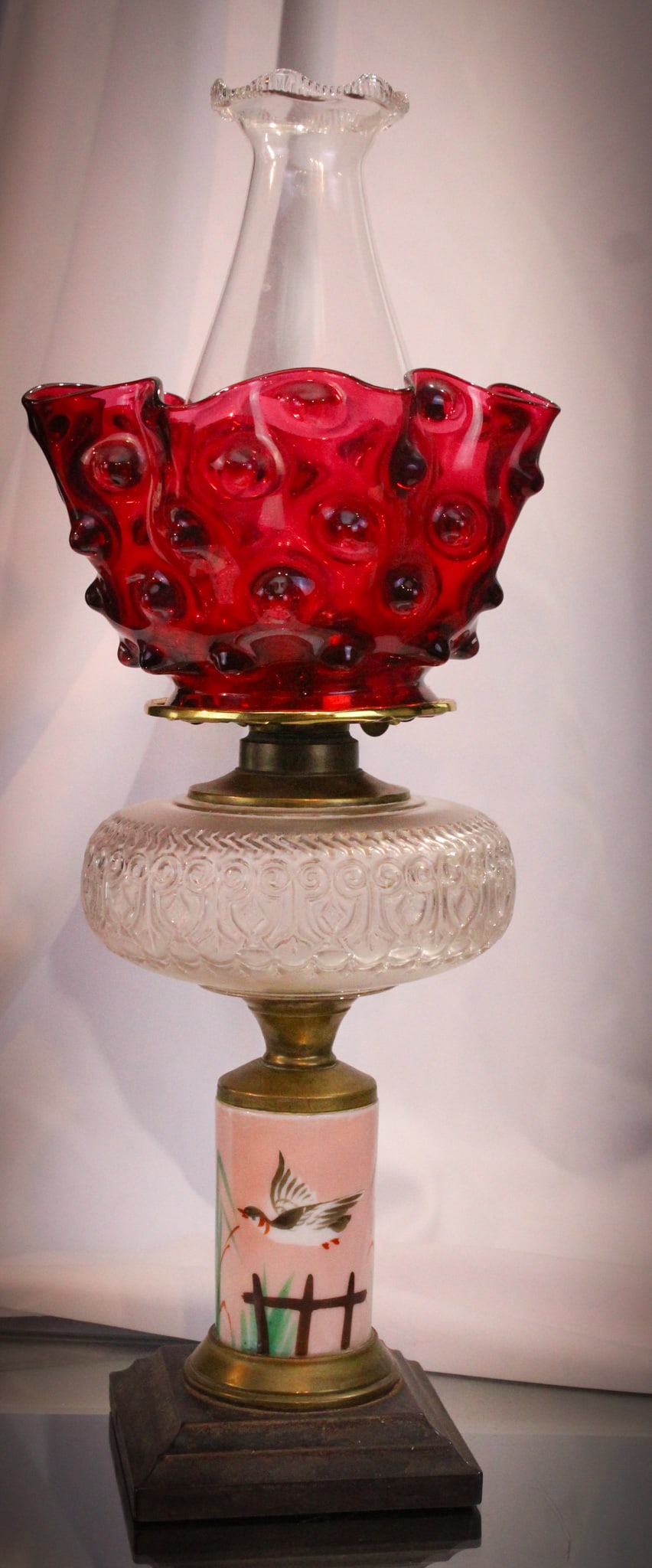 Victorian Glass Cranberry & Sandwich Glass Oil Lamp (1 of 12)