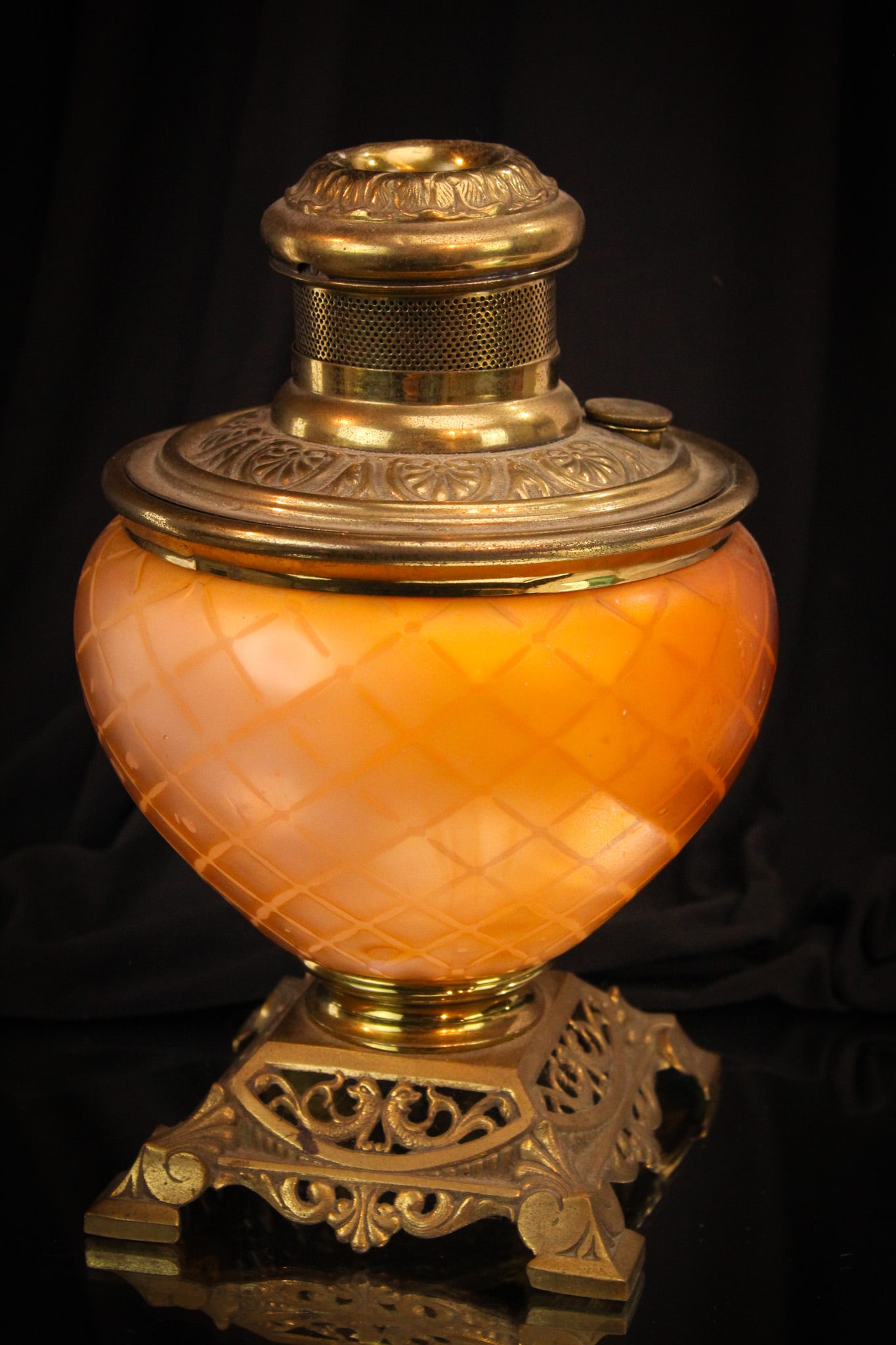 Victorian Orange Mother of Pearl Satin Glass Diamond Quilt Oil Lamp Base (1 of 10)