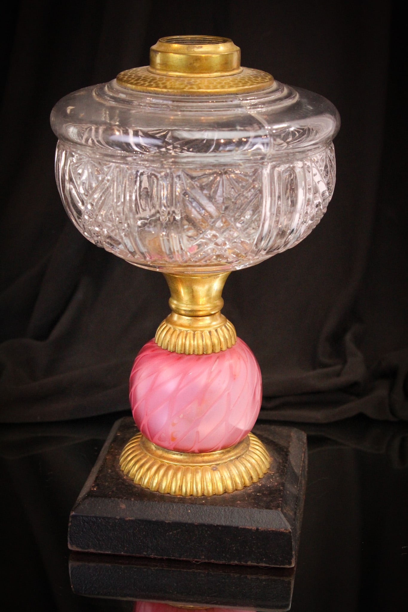 Victorian Mother of Pearl Satin Glass Oil Stand Lamp (1 of 4)