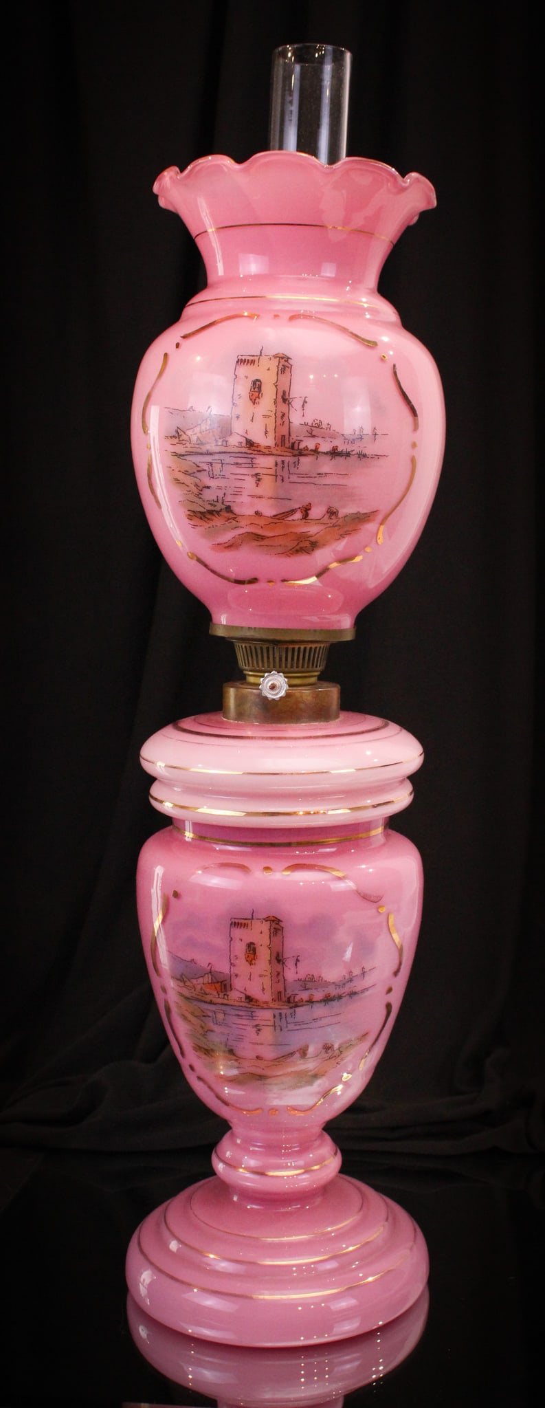 Pink Cased Glass Scenic Banquet Oil Lamp: Pretty in pink pink cased oil lamp with drop-in font and matching shade. Each component a pretty shade of pink. Nice gilt decoration! Lamp complete measures 21" tall.
