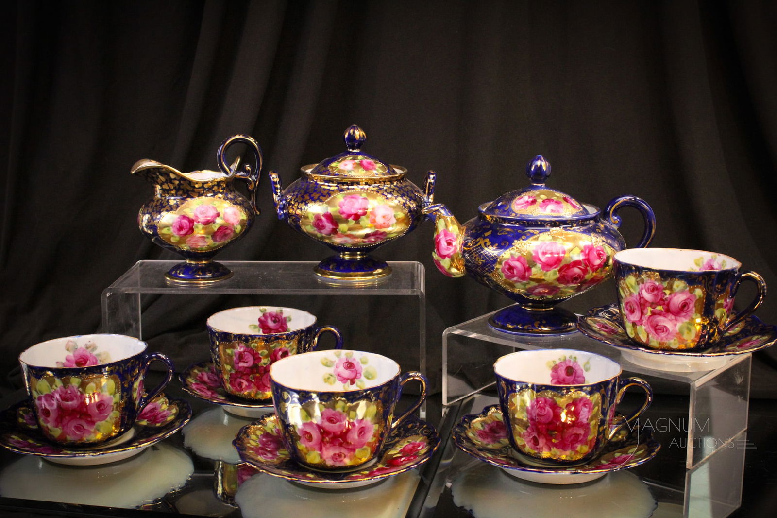 Unmarked 13 pc Nippon Cobalt & Gold w/Roses Tea Set (1 of 17)