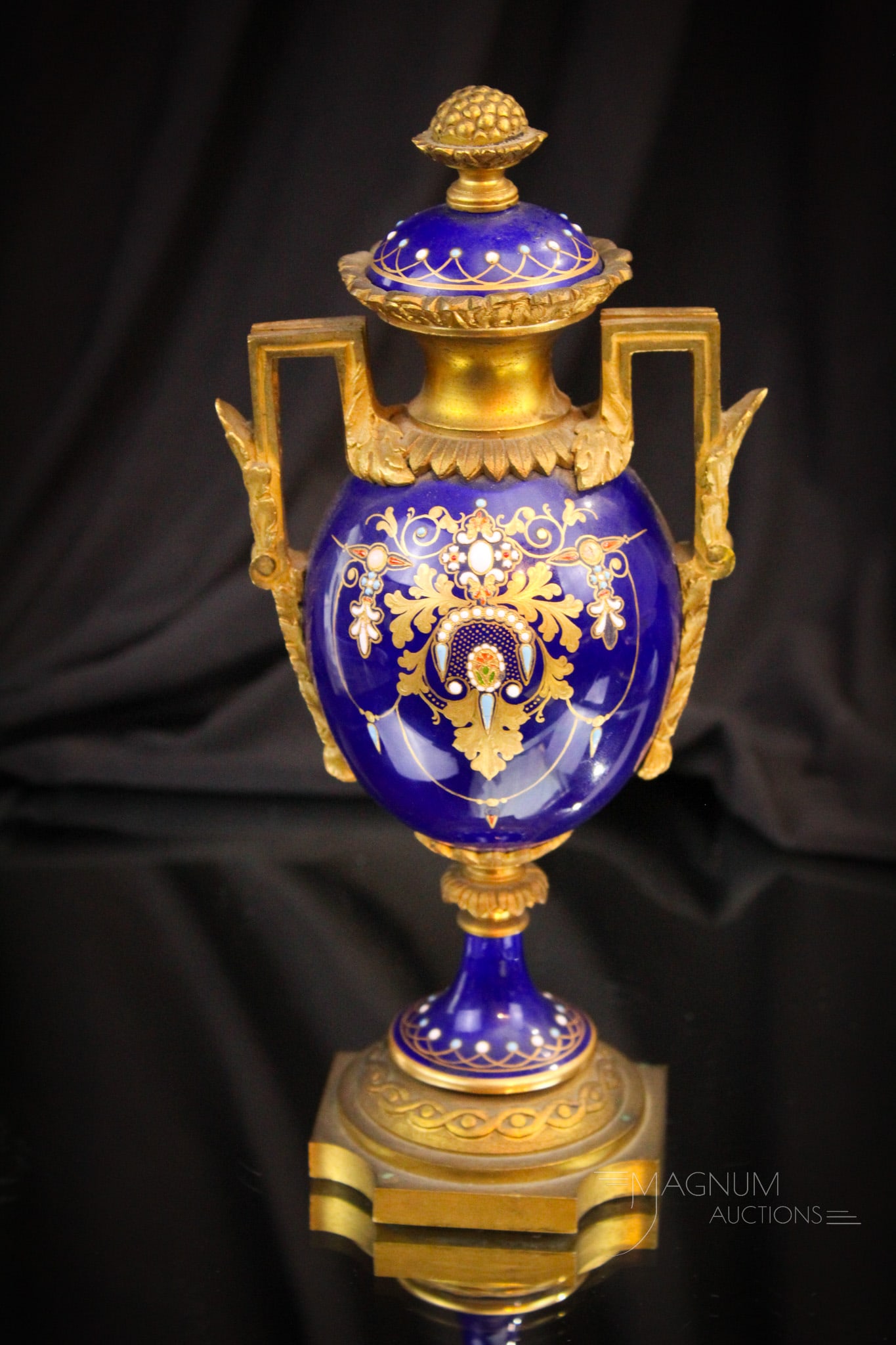 Unmarked Sevres Meissen Porcelain & Bronze Cabinet Size Cobalt Lidded Urn (1 of 7)