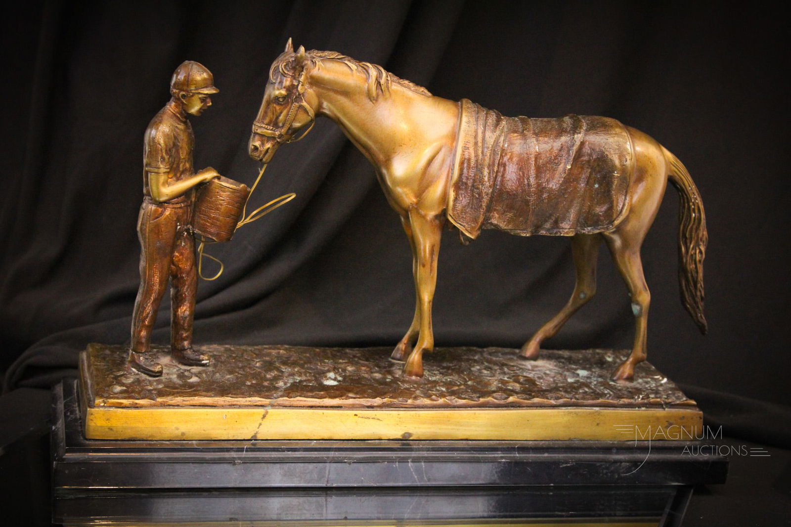 Antique Bronze & Marble Horseman & Horse Statue (1 of 7)