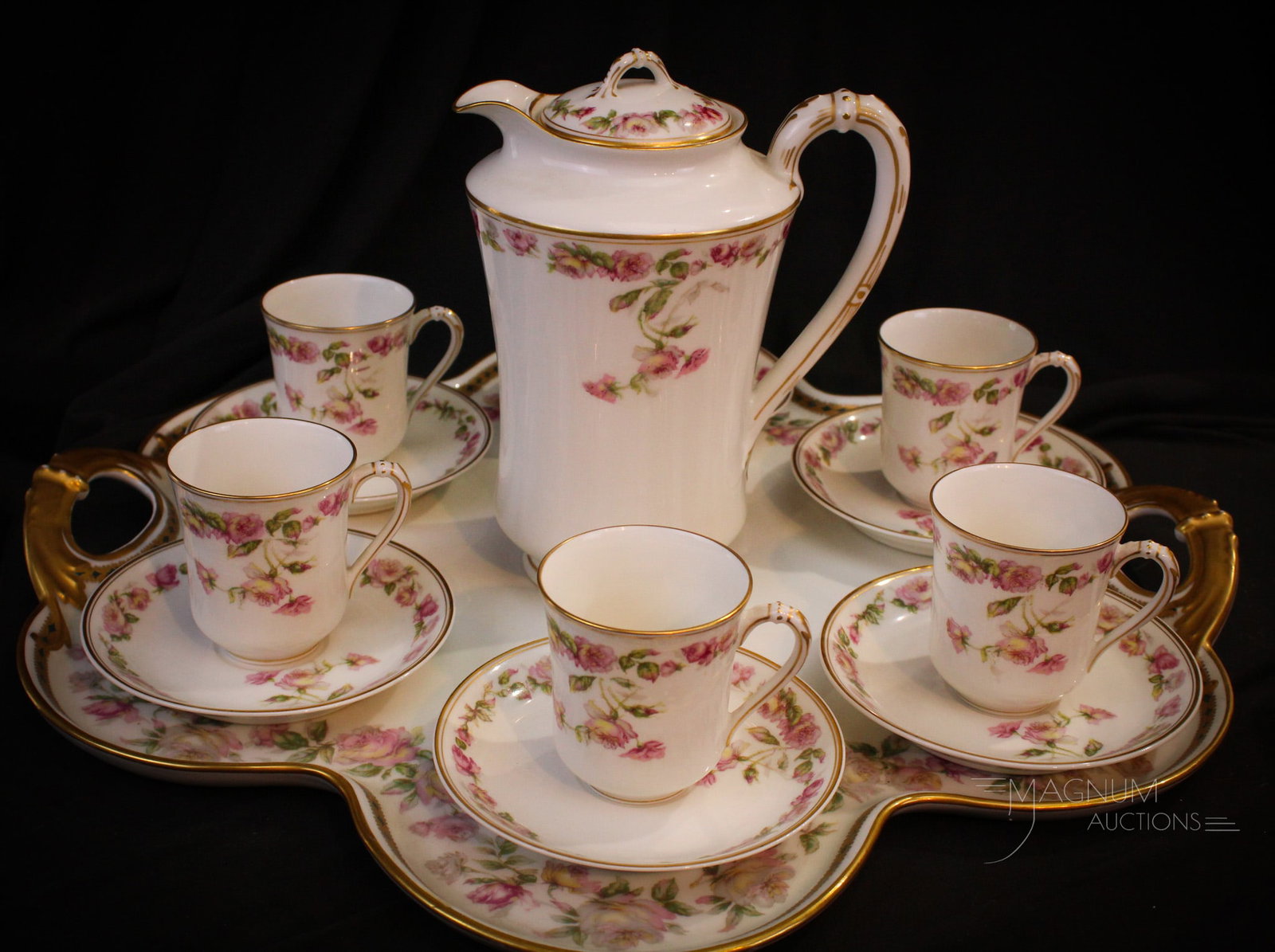 Haviland Limoges France 14pc Coffee Service: Fantastic signed Haviland France service. Complete service consists of pot with lid, six cups along with saucers and tray. Tallest measures 7 1/2" tall, tray is 13 3/4" in diameter.