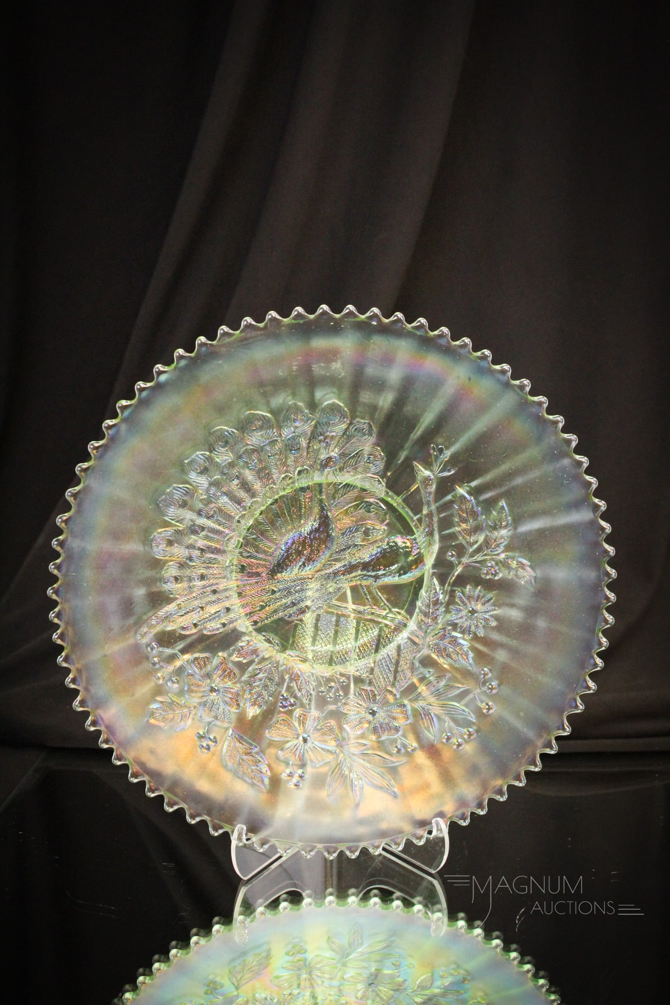 Northwood Ice Green Peacocks On Fence Carnival Glass Plate (1 of 6)