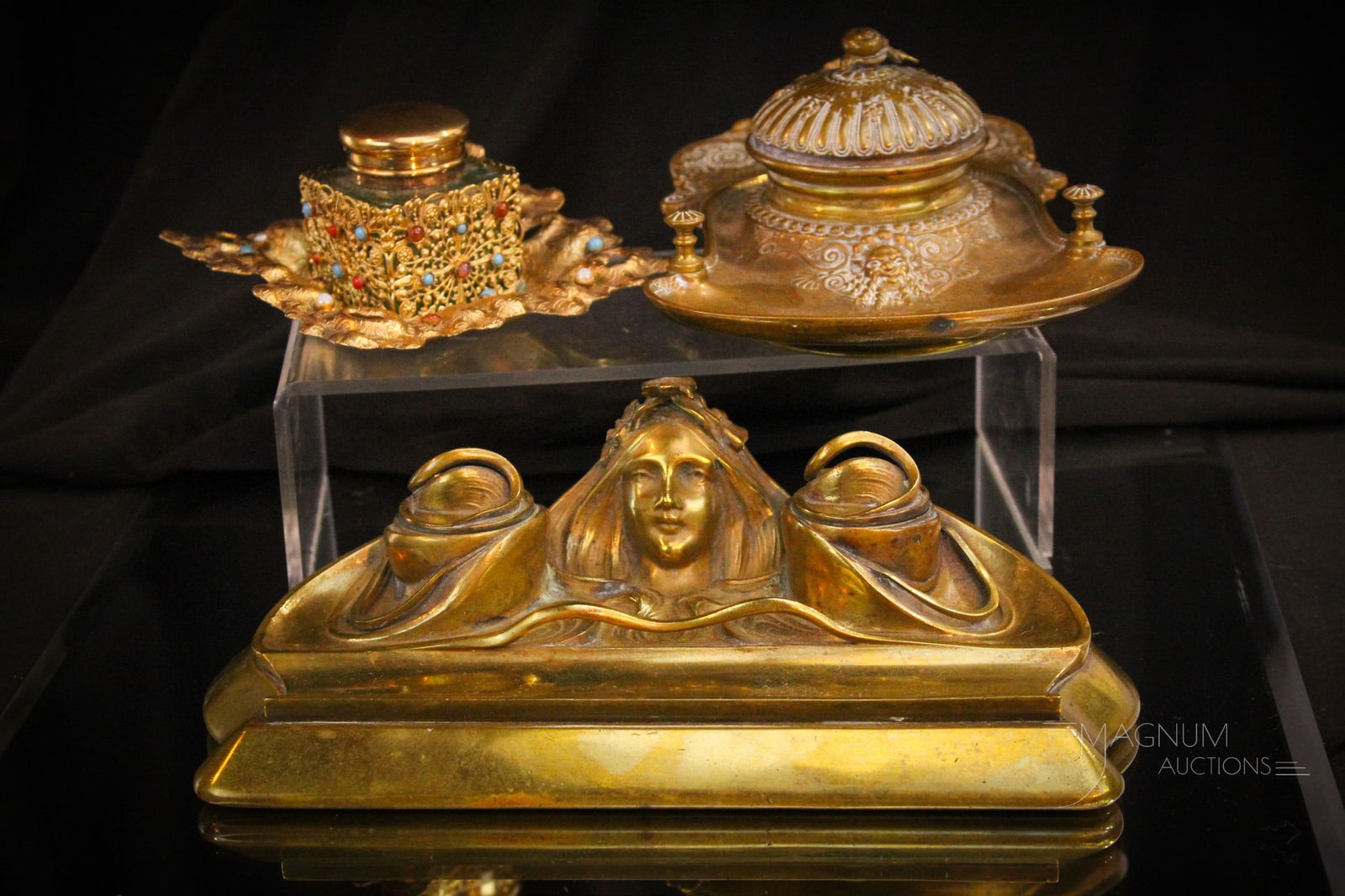 3 pc Lot Antique Art Nouveau Inkwells (1 of 16)