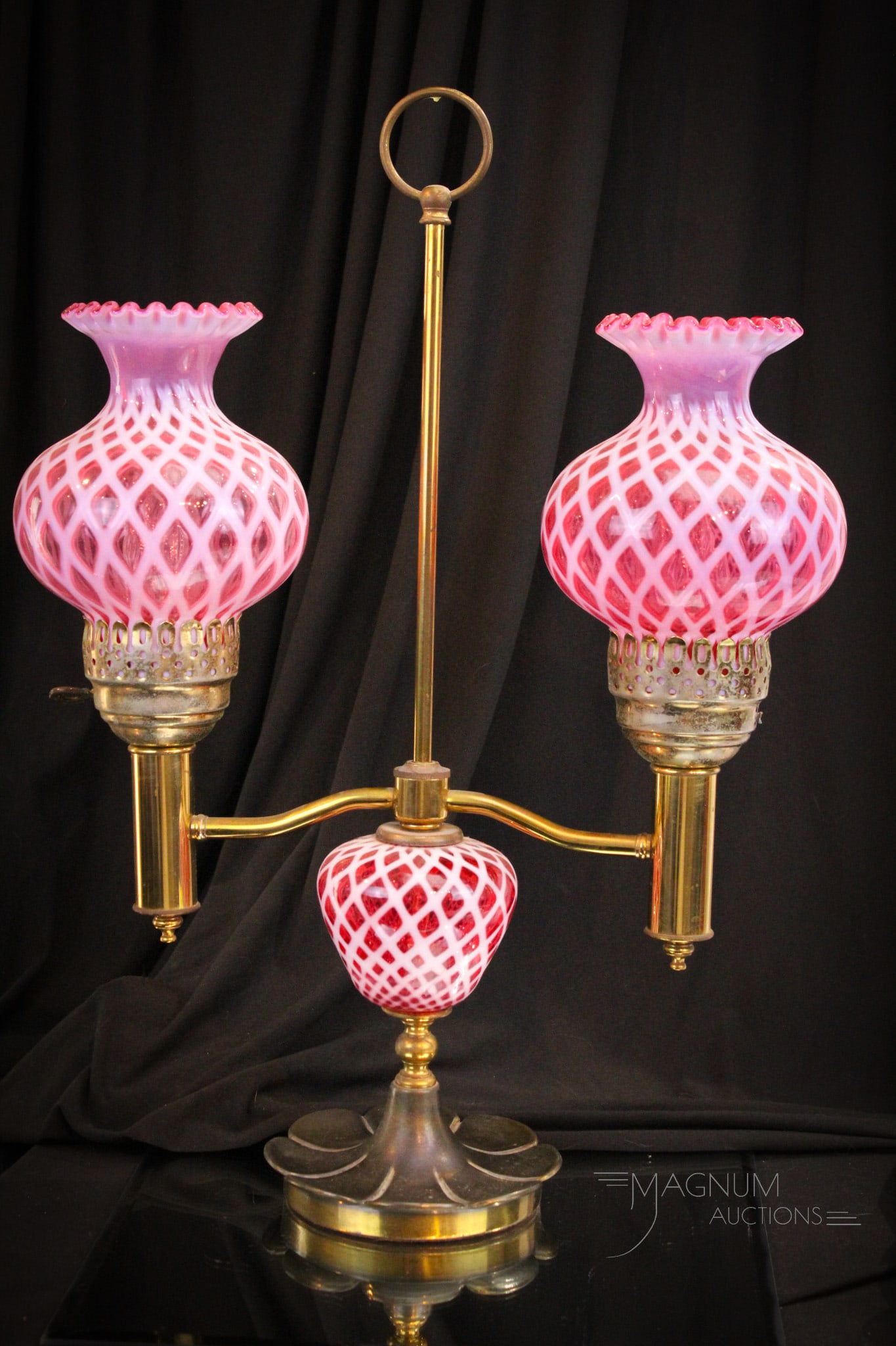Fenton Art Glass Cranberry Opalescent Lattice Student Lamp (1 of 7)