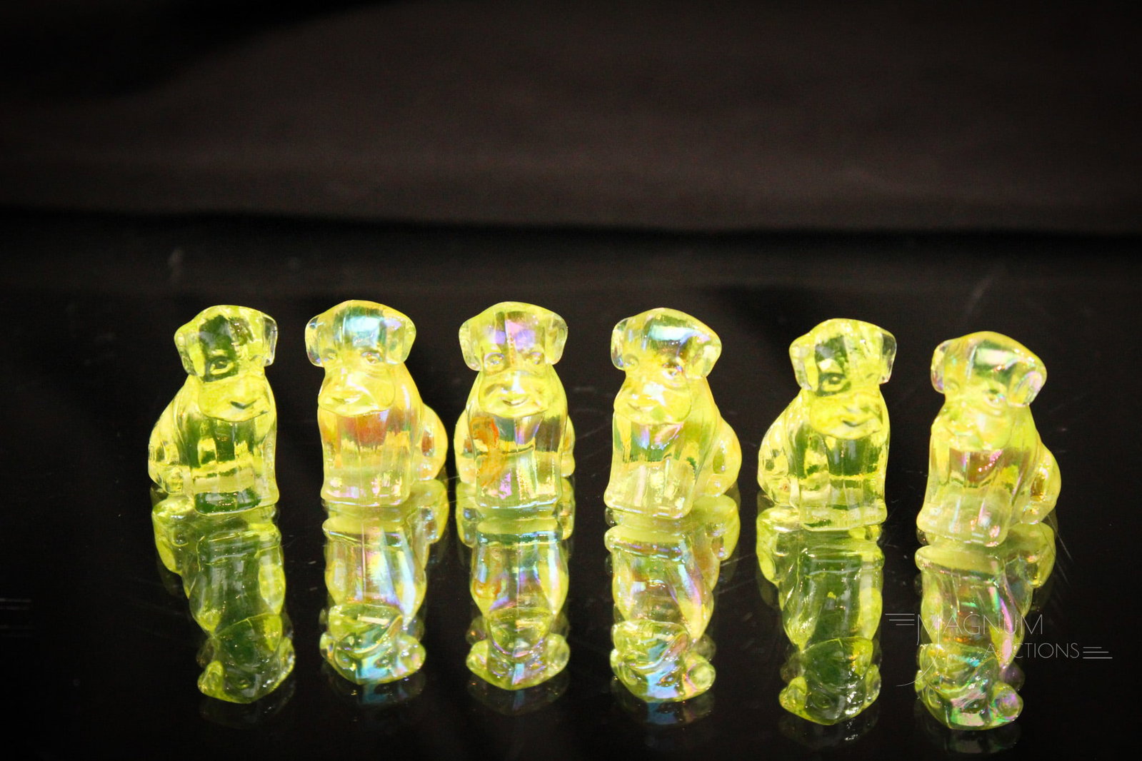 6 pc Lot Degenhart Vaseline irridescent Mini Dog Figurines: Six little cuties sure to bring a smile to your face. Each of these Degenhart pooches is in vaseline irridescent glass. Tallest measures 1".