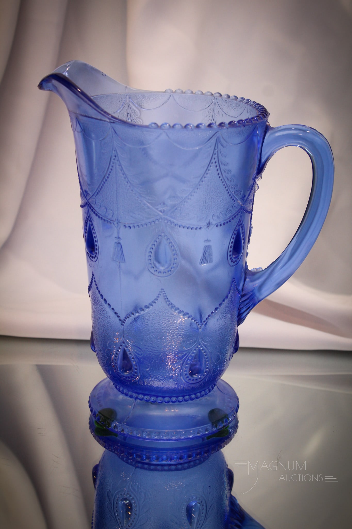 Greentown Teardrop & Tassle Blue Glass Water Pitcher (1 of 8)