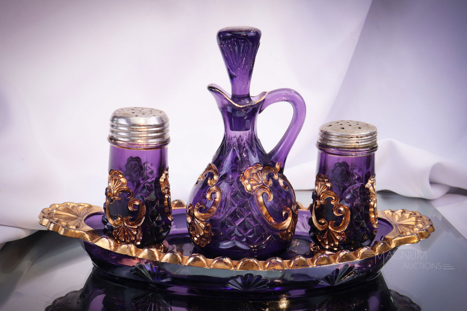 4 pc Lot Riverside Amythest & Gold Croesus Victorian Glass Condiment Set (1 of 12)