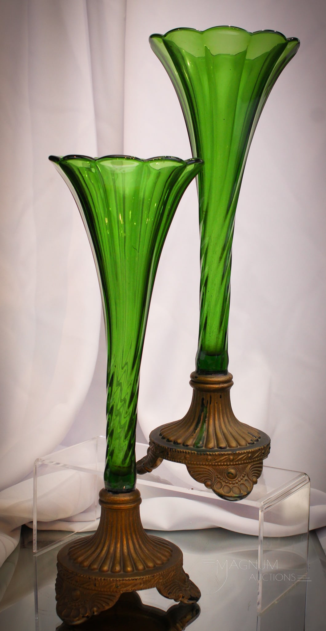 Pair U.S. Glass Colorado Goofus Glass 15" Vases: A must have for any U.S. Glass collector and especially those that collect the Colorado pattern. Here's a pair of Victorian glass 15" tall vases with Colorado paterned bases decorated in Goofus gold.