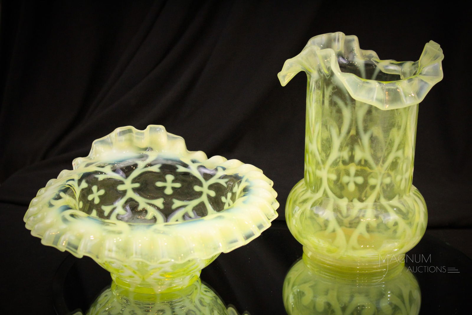 2 pc Northwood Spanish Lace Victorian Vaseline Glass (1 of 11)