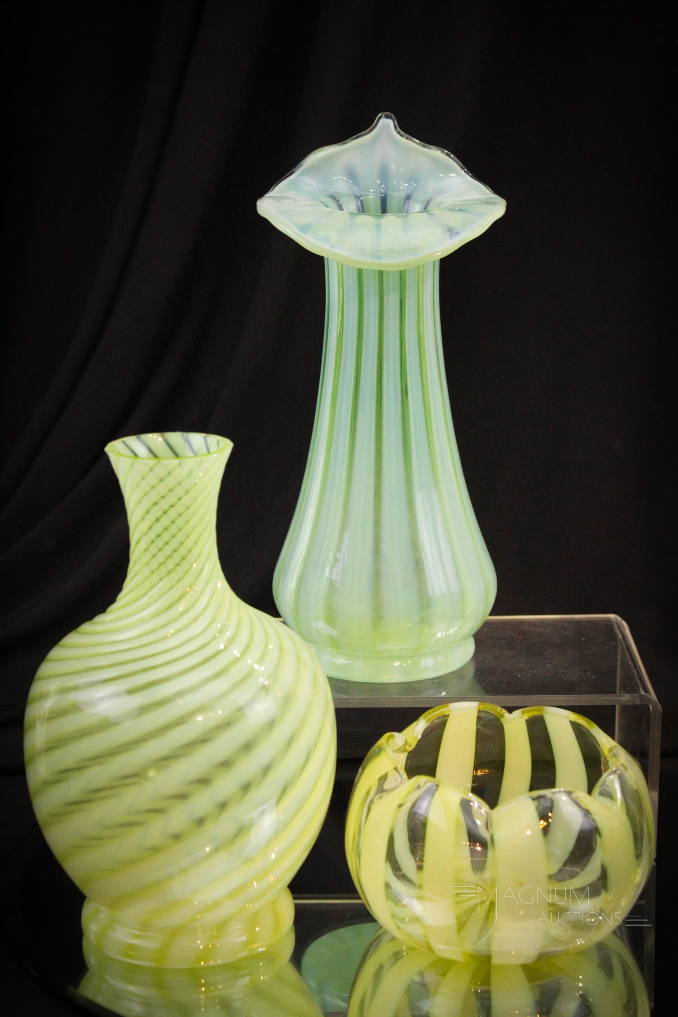 3 pc Lot Opalescent Victorian Vaseline & More Glass: Three desirable finds in Victorian opalescent glass in stripe and swirl patterns. Included in the lot is a vaseline swirl vase, a green opal stripe Jack in the pulpit vase and a rosebowl in stripe. Ta