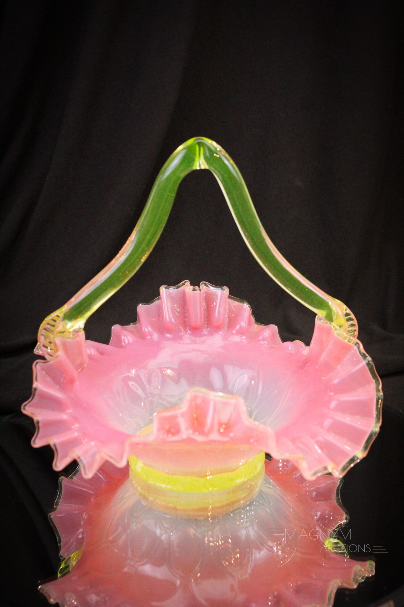 Vivid Pink & Vaseline Peacock Eye Victorian Glass Basket (1 of 7)