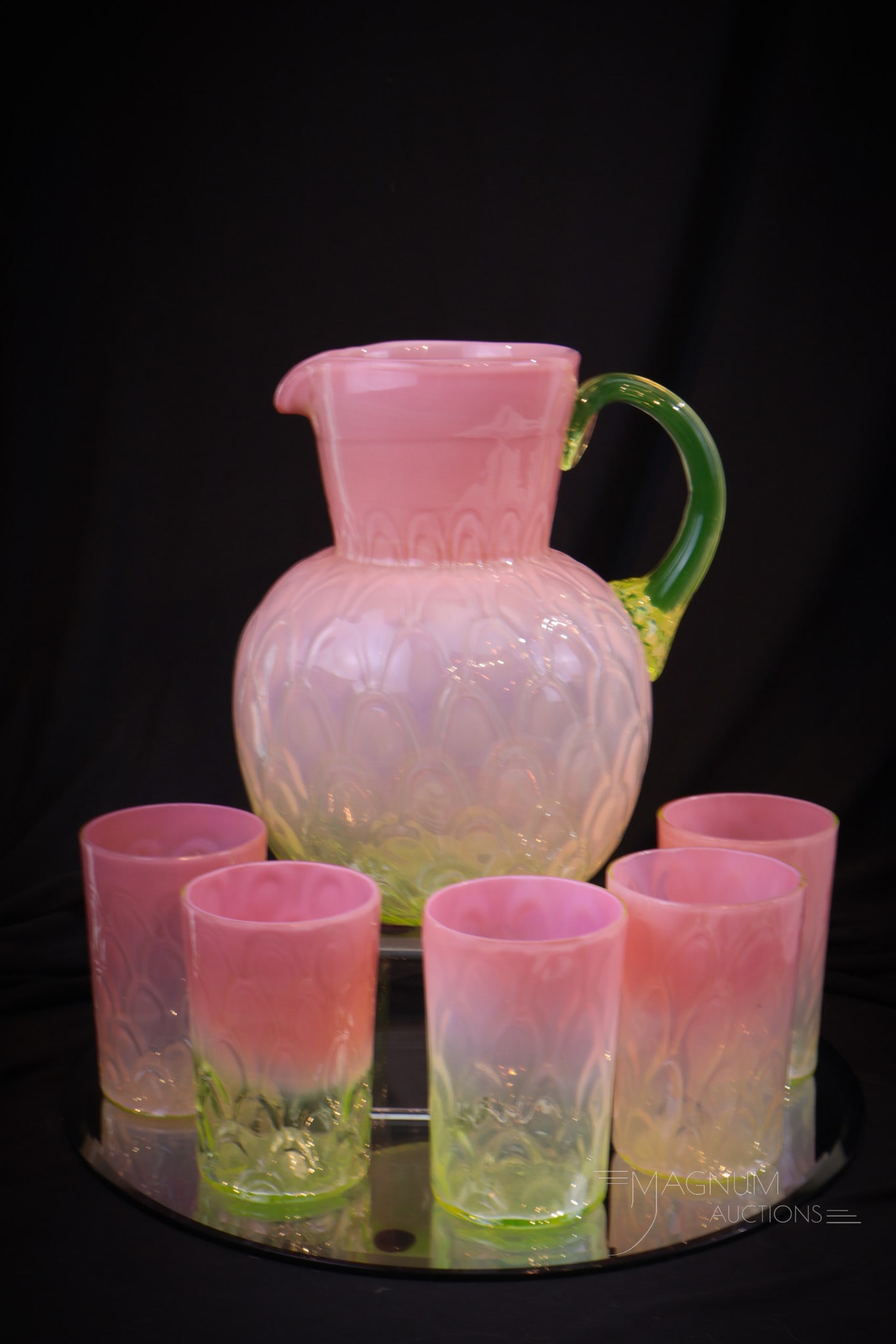 Rare Harrach Pink Opalescent Vaseline Peacock Eye 5 pc Victorian Glass Water Set (1 of 12)