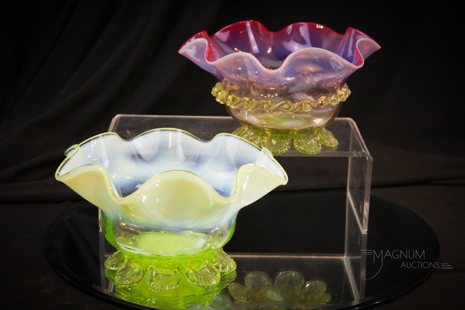2 pc Lot English Vaseline Victorian Opalescent & More Glass: Two fine examples of Victorian English vaseline opalescent footed form bowls. Largest measures 3 1/2" by 5 1/2"