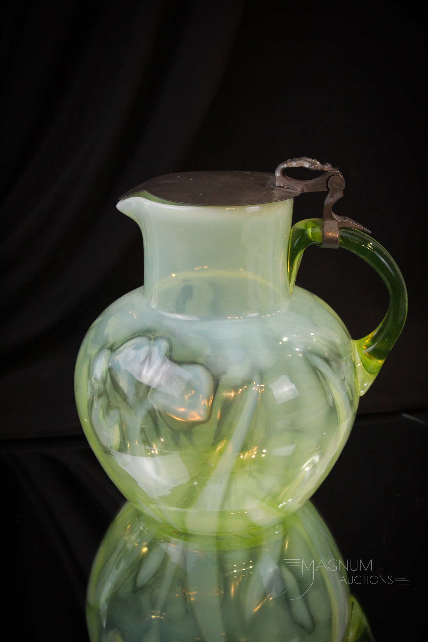 Victorian Vaseline Opalescent Iris Lidded Pitcher (1 of 9)