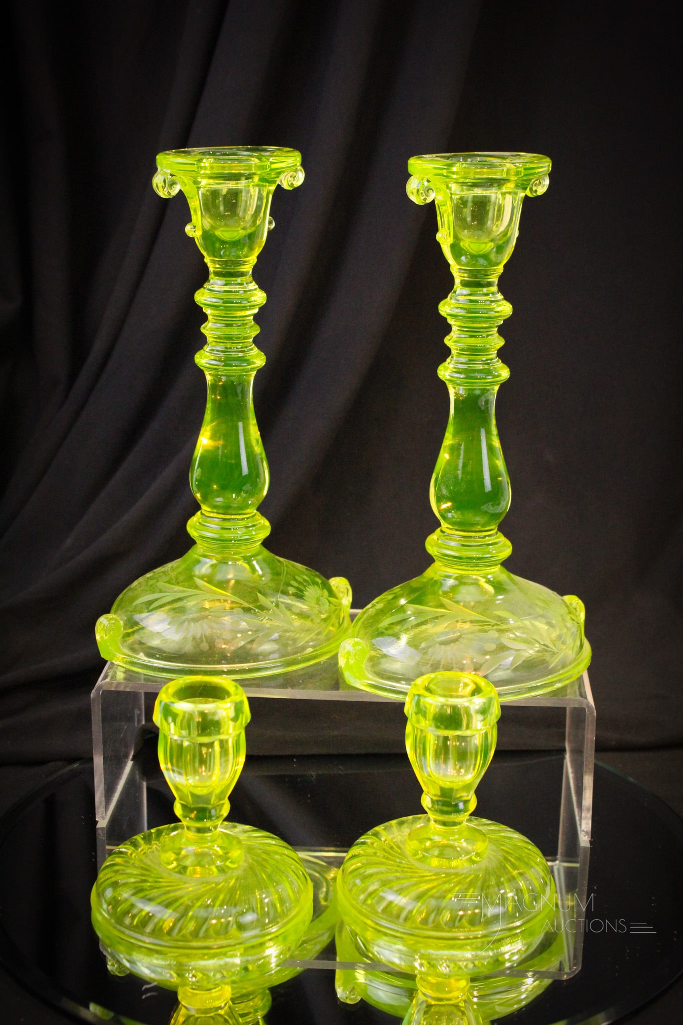 2 Pairs of Vaseline Imperial Glass Candlesticks Engraved & More (1 of 9)