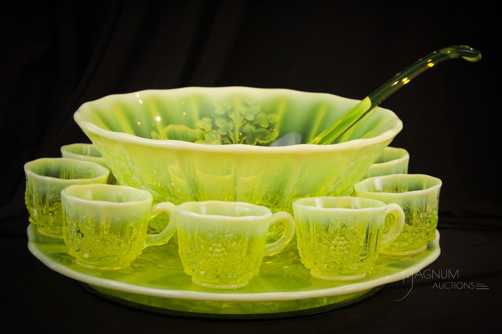 Brilliant Vaseline Opalescent Mosser Glass 11 pc Panelled Grape Punch Set (1 of 20)