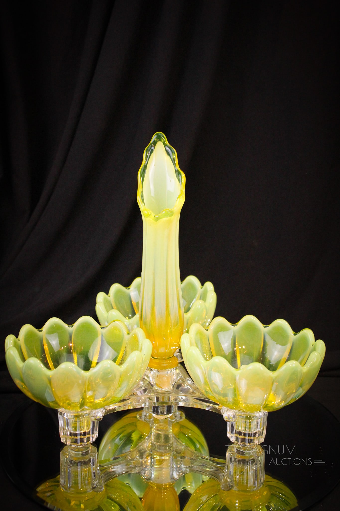 Fostoria Heirloom Vaseline Opalescent Glass Epergne: Select offering of a fine vaseline opalescent Fostoria glass Heirloom pattern epergne. This lovely measures a large 10" tall.