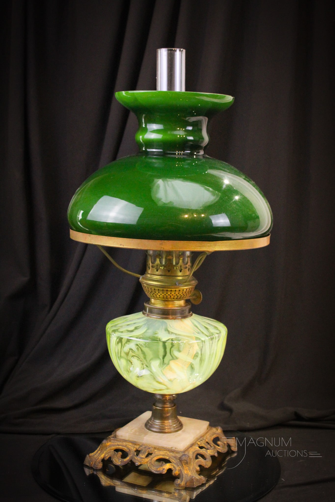 Vaseline Opalescent & Emeralite Victorian Oil Lamp (1 of 12)