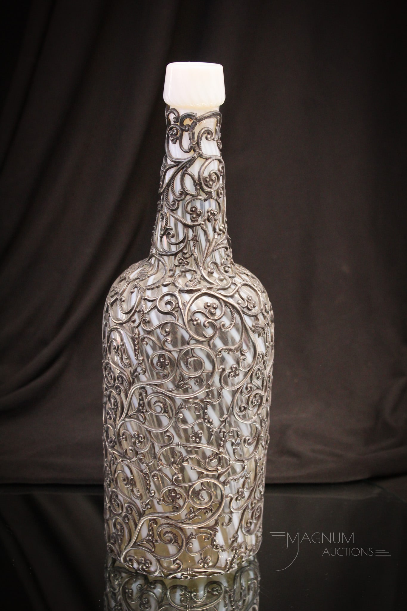 Rare Hobb's Opalescent Swirl Filigree Overlay Victorian Bar Bottle (1 of 8)