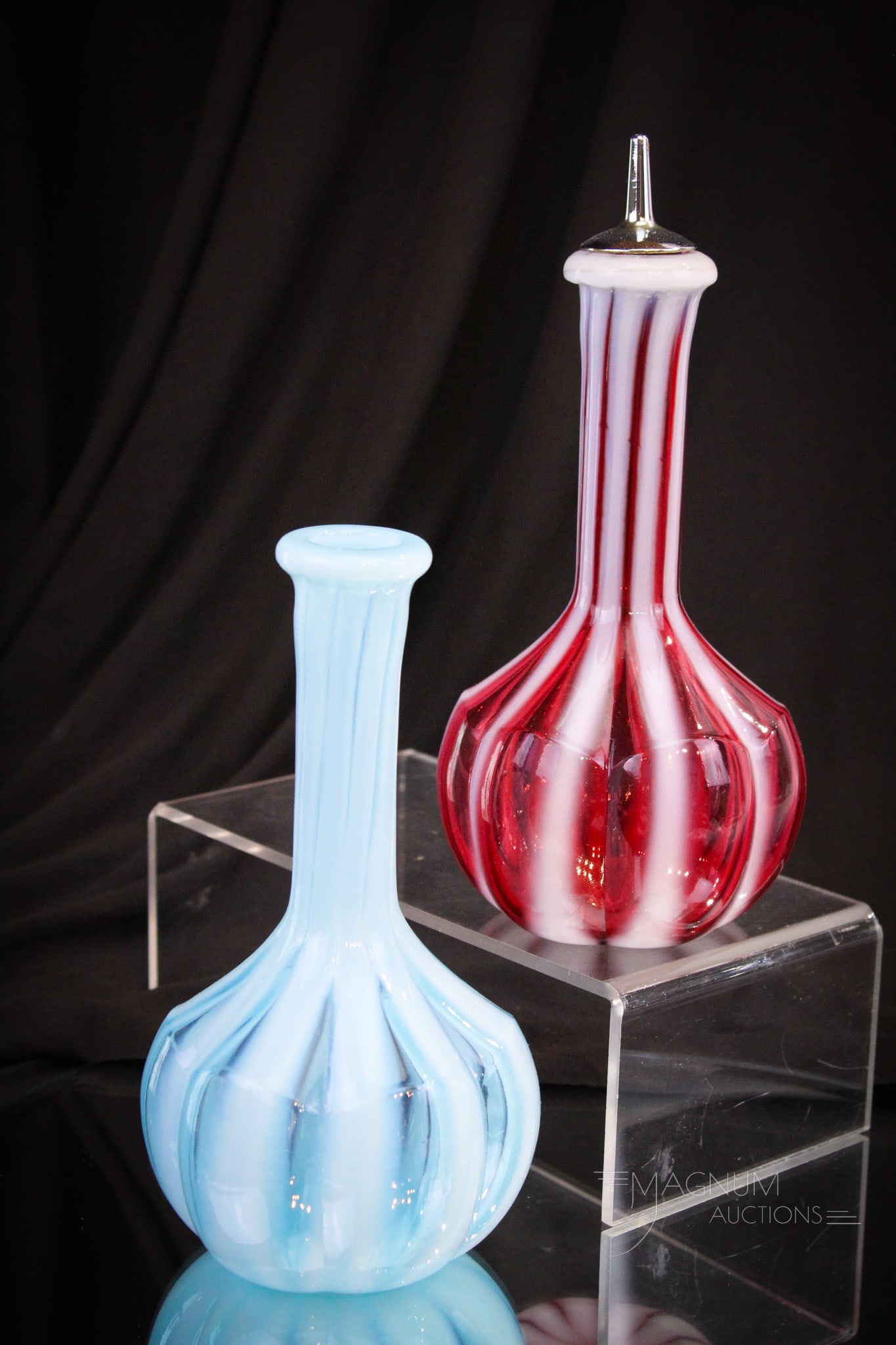 2 pc Lot Fenton LG Wright Victorian Cranberry & Blue Opalescent Barber Bottles (1 of 11)
