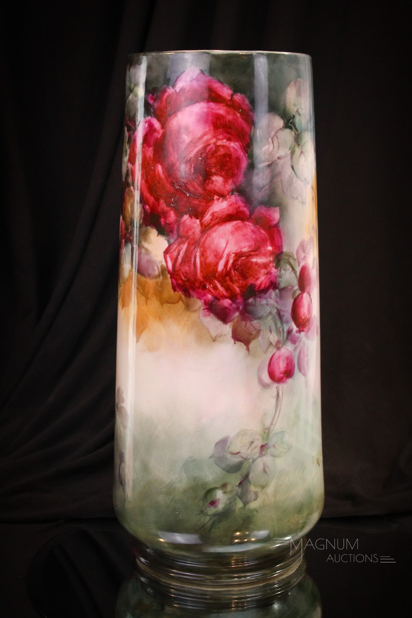 B & Co. Limoges France Hand Painted Porcelain 14" Vase: Gorgeous hand painted marked B. & Co Limoges, France porcelain vase that stands 14" tall, 6" wide at the base. This wonder of beauty has rich jewel toned colors and deep crimson roses around the body.