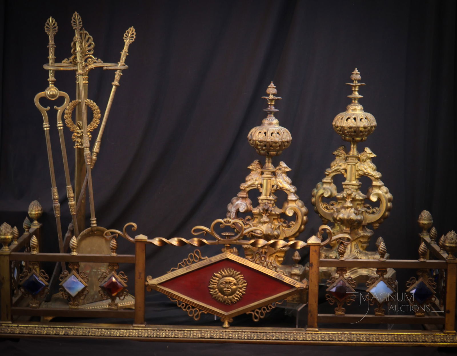 Rare Bronze Victorian Jeweled Fireplace Fender Andirons Tools Set (1 of 20)