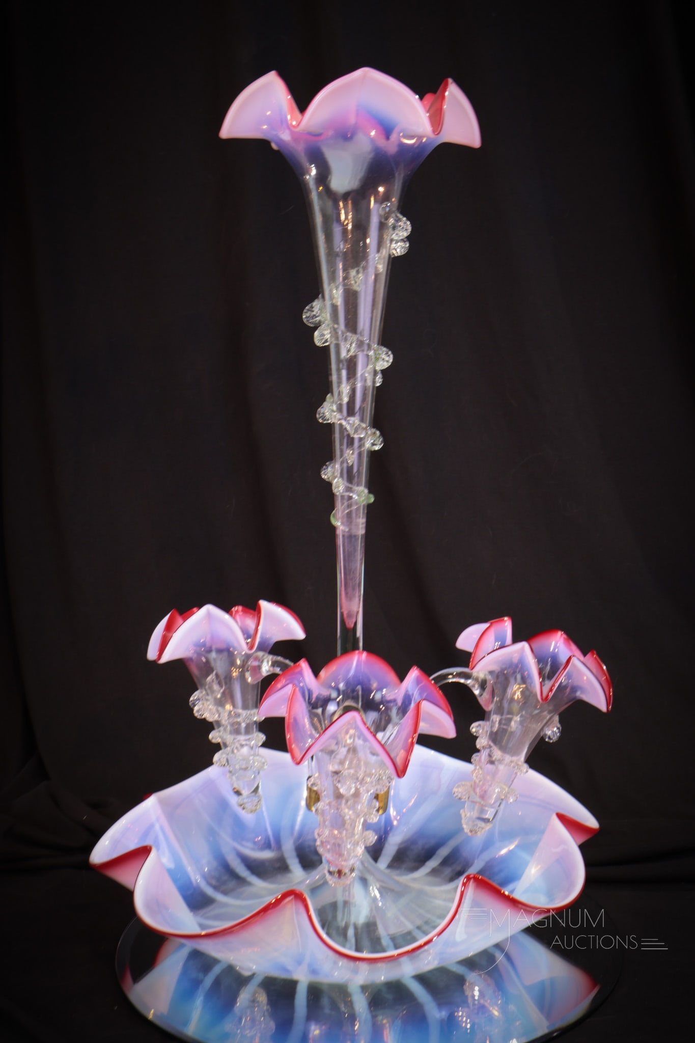 Victorian 20" Cranberry Rubina Opalescent Stripe Art Glass Epergne (1 of 11)