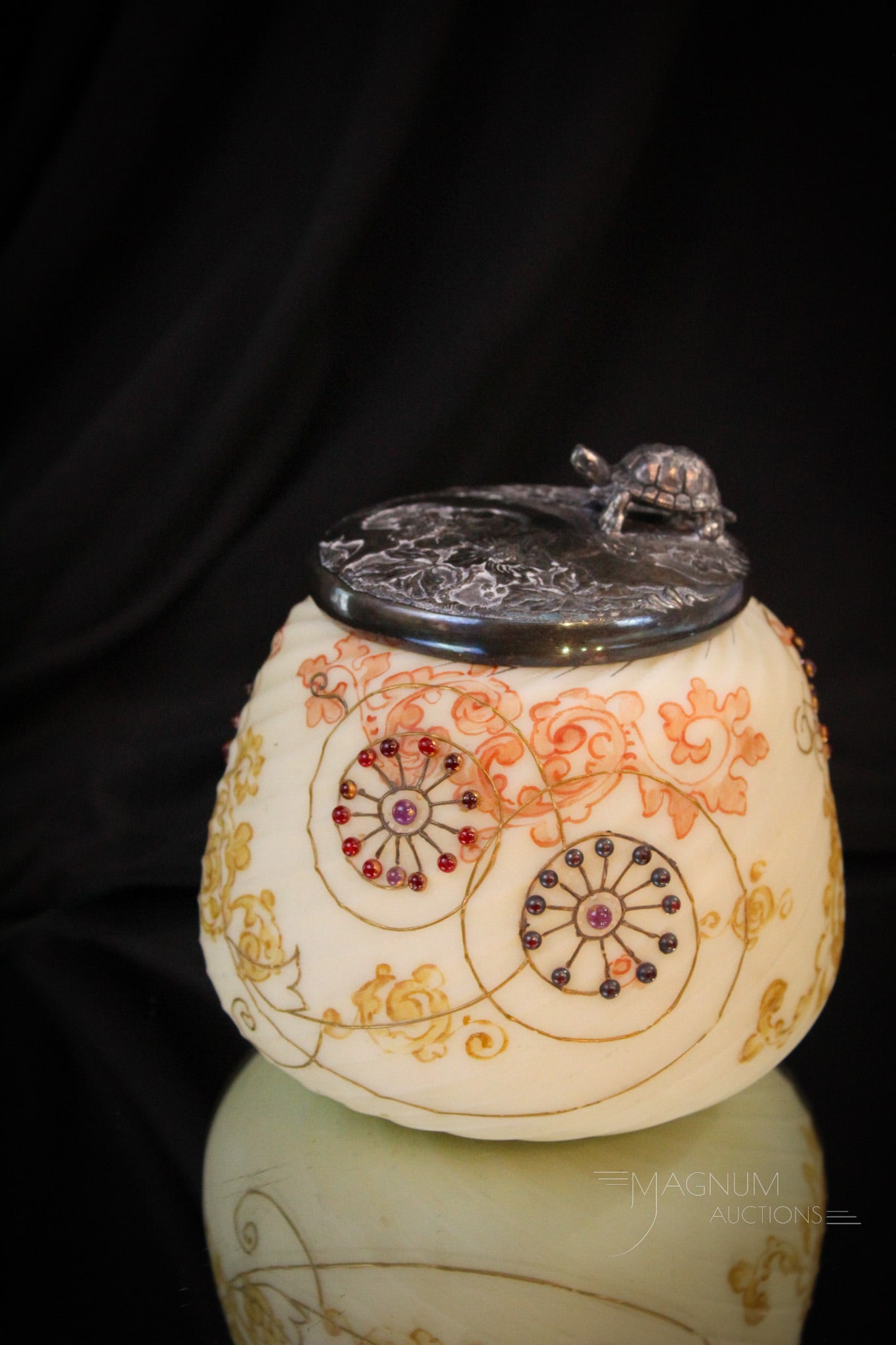 Mt. Washington Crown Milano Glass Turtle Top Sweetmeat: Lovely Mt. Washington Crown Milano glass cabachon decorated sweetmeat complete with original silverplate turtle topped lid. What more to say about this fine piece? Well, that it should be yours after 