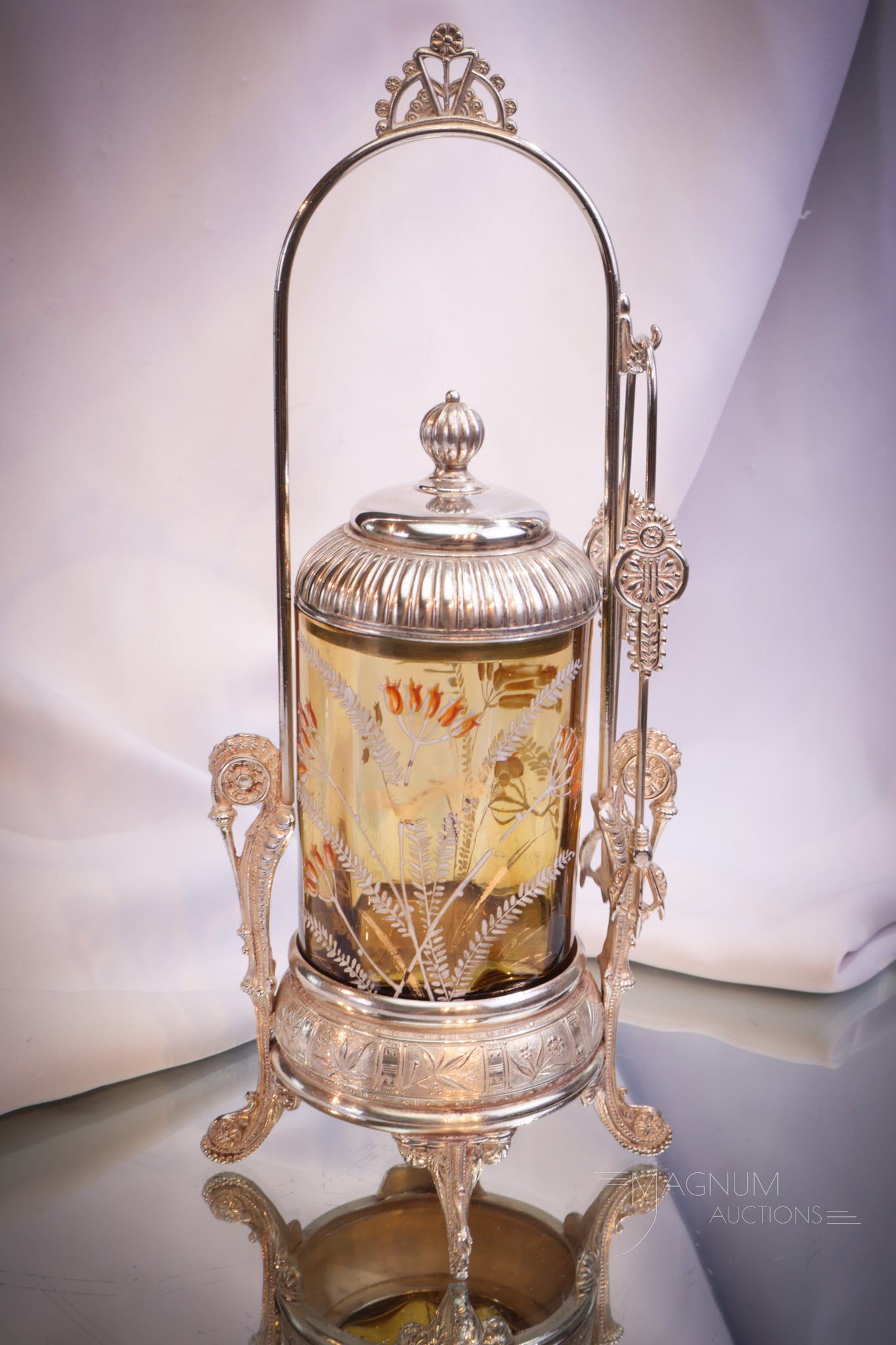 Pairpoint Silverplate Victorian Amber Enameled Glass Pickle castor (1 of 10)