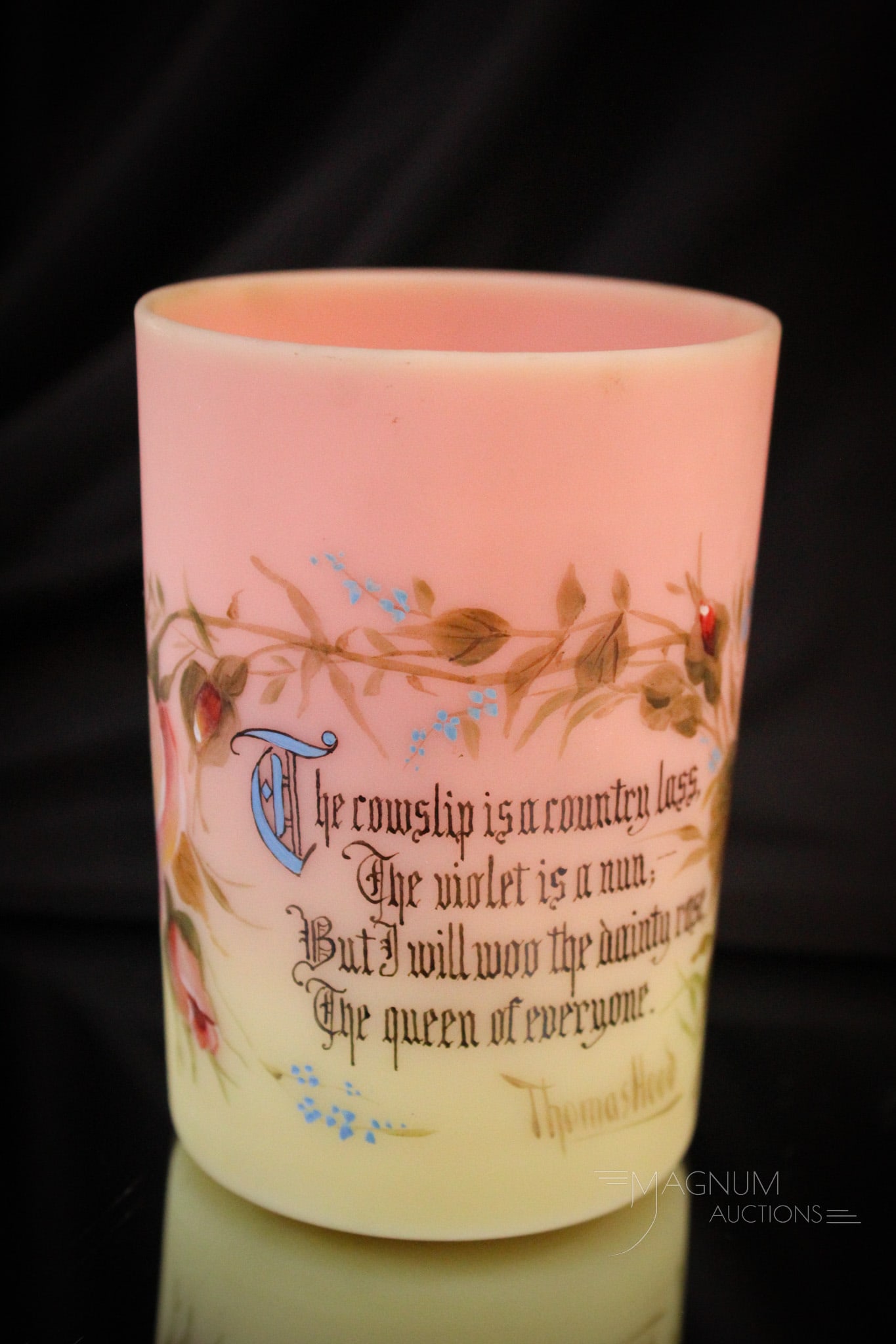 Very Rare Mt. Washington Burmese Glass Thomas Hood Verse Decorated Tumbler (1 of 6)