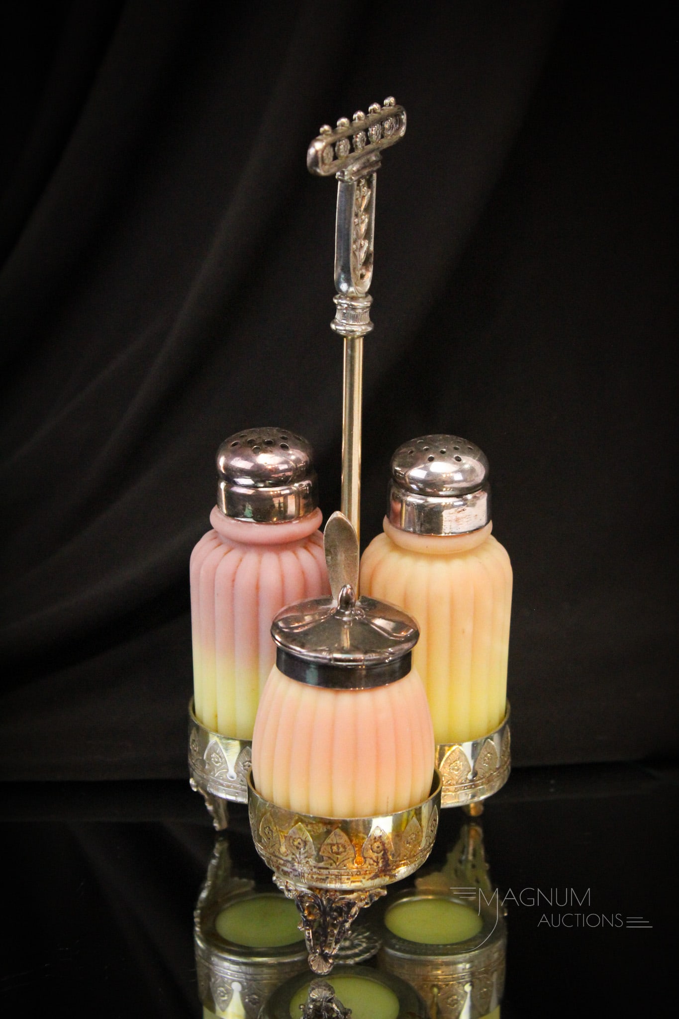 Barbour Silverplate Mt. Washington Burmese Glass Victorian Shaker Condiment Set (1 of 9)