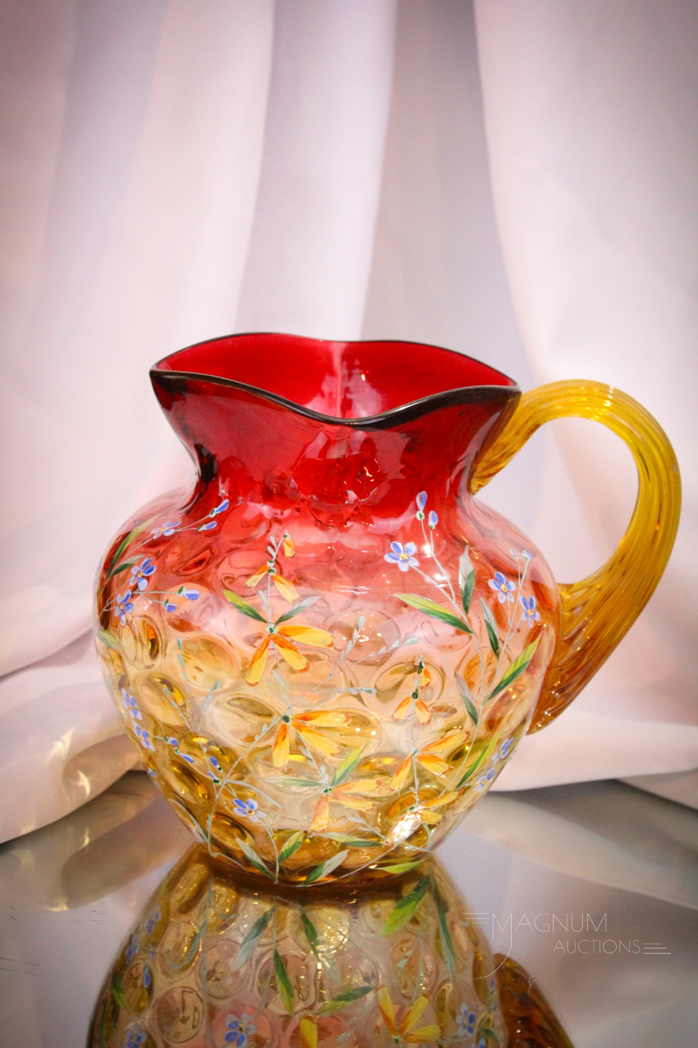 Enameled Wildflower Amberina Victorian Glass Water Pitcher (1 of 7)