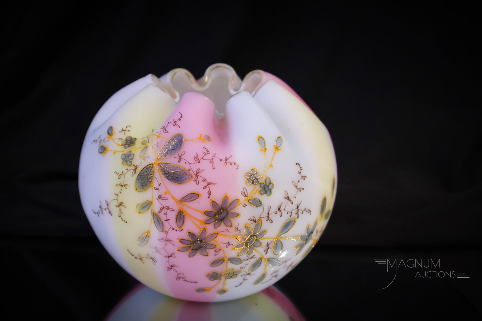 Rainbow Harrach Victorian Satin Glass Enameled Rosebowl: Fine offering of a rainbow Victorian attributed to Harrach satin glass rosebowl with enameled floral decoration. Measures 4 1/2" tall.