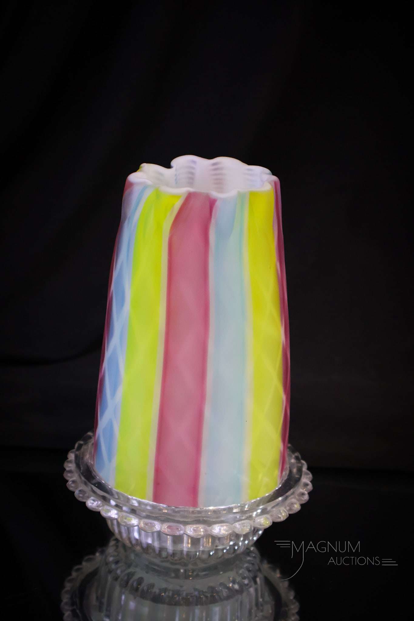 Rainbow Satin Mother of Pearl Fairy Lamp: Brilliant colors to this rainbow mother of pearl satin glass diamond quilted pattern fairy lamp on clear base. Complete lamp measures 6" tall.