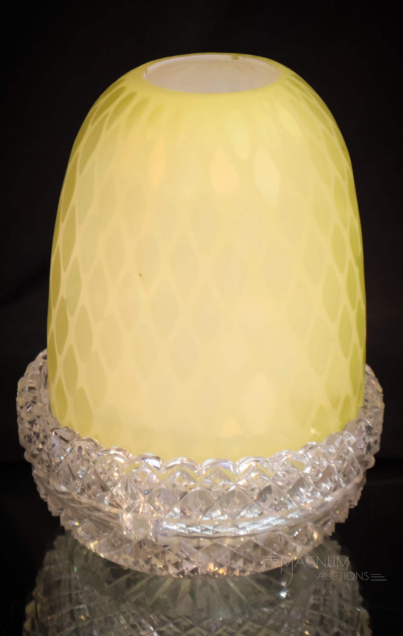 Yellow Satin Diamond Quilt Mother of Pearl Victorian Cut Glass Fairy Lamp (1 of 7)