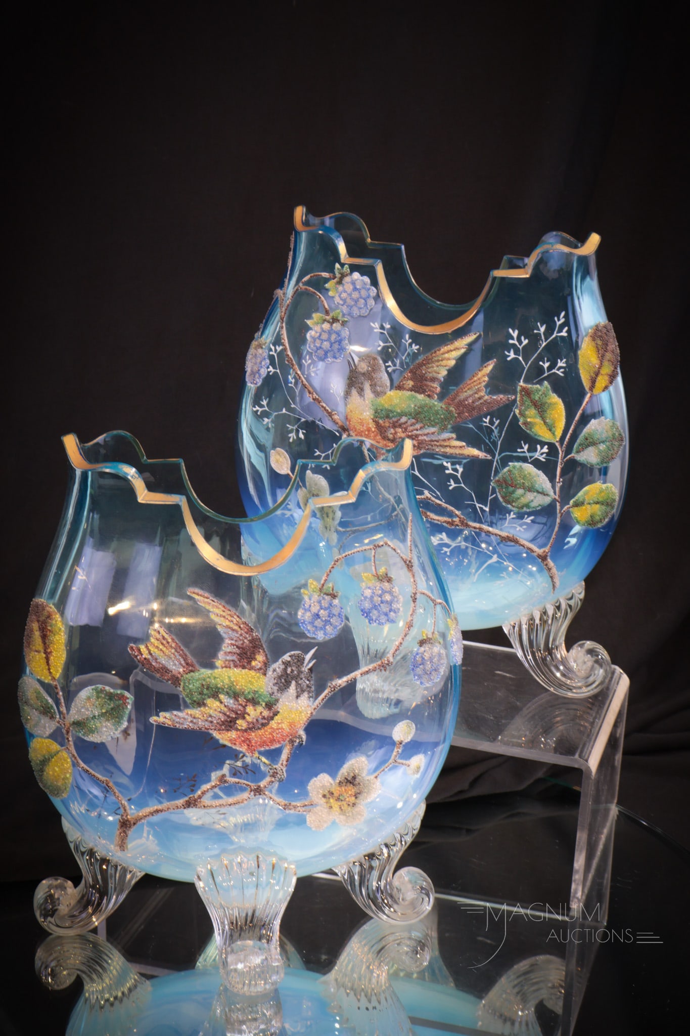 Pair Brilliant Blue Opalescent Opposing Coralene Bird & Blackberry Pillow Vases (1 of 6)