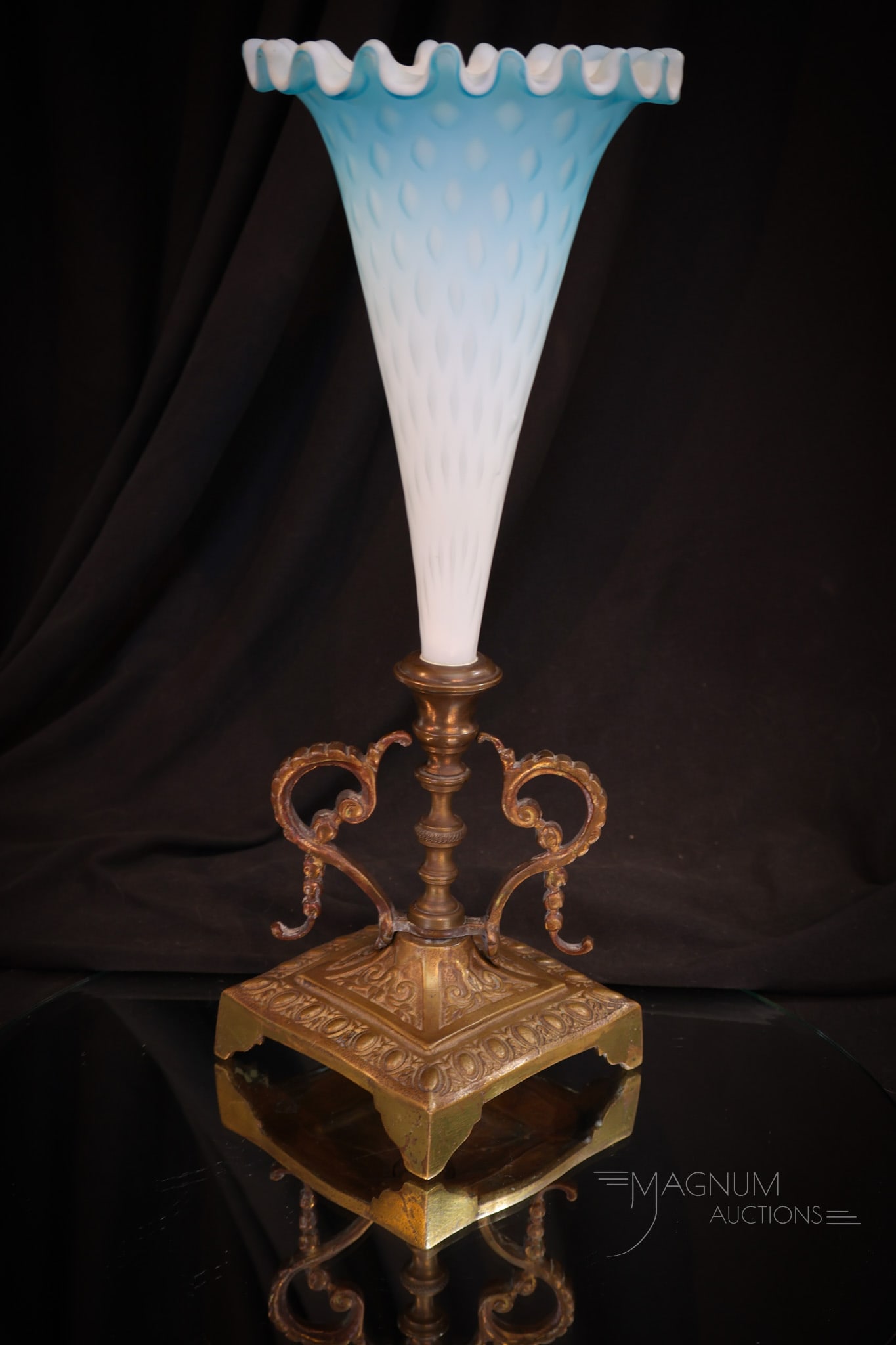 Victorian Blue Mother of Pearl Glass 12" Victorian Bronze Trumpet Vase Epergne (1 of 8)