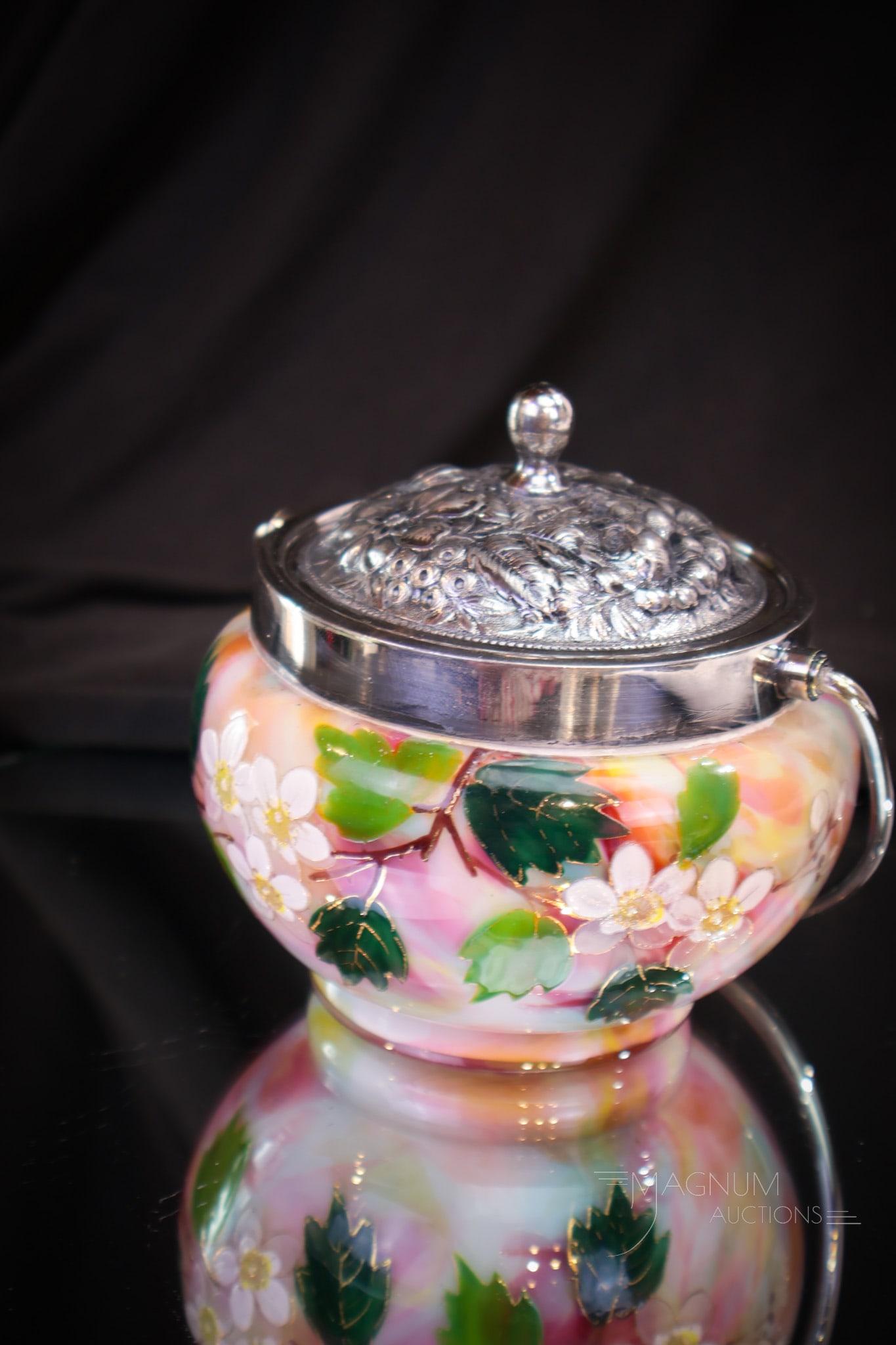 Victorian Rainbow Spatter Enameled Glass Silverplate Sweetmeat: What a fun and cheerful little piece of Victorian rainbow glass. This sweetmeat in rainbow spatter has all the colors you could want. The body is enameled with floral décor and is completed by silver