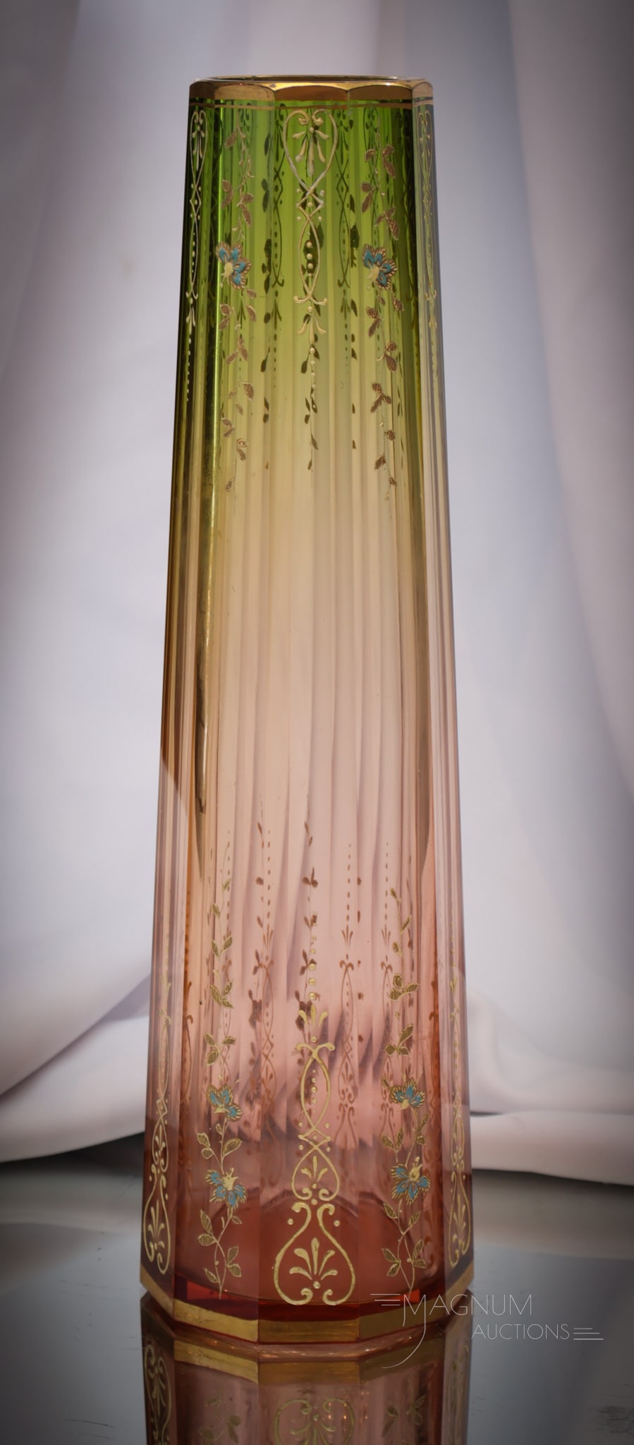 Moser Pink to Green Gilt Enameled Glass Panel Cut Vase (1 of 7)