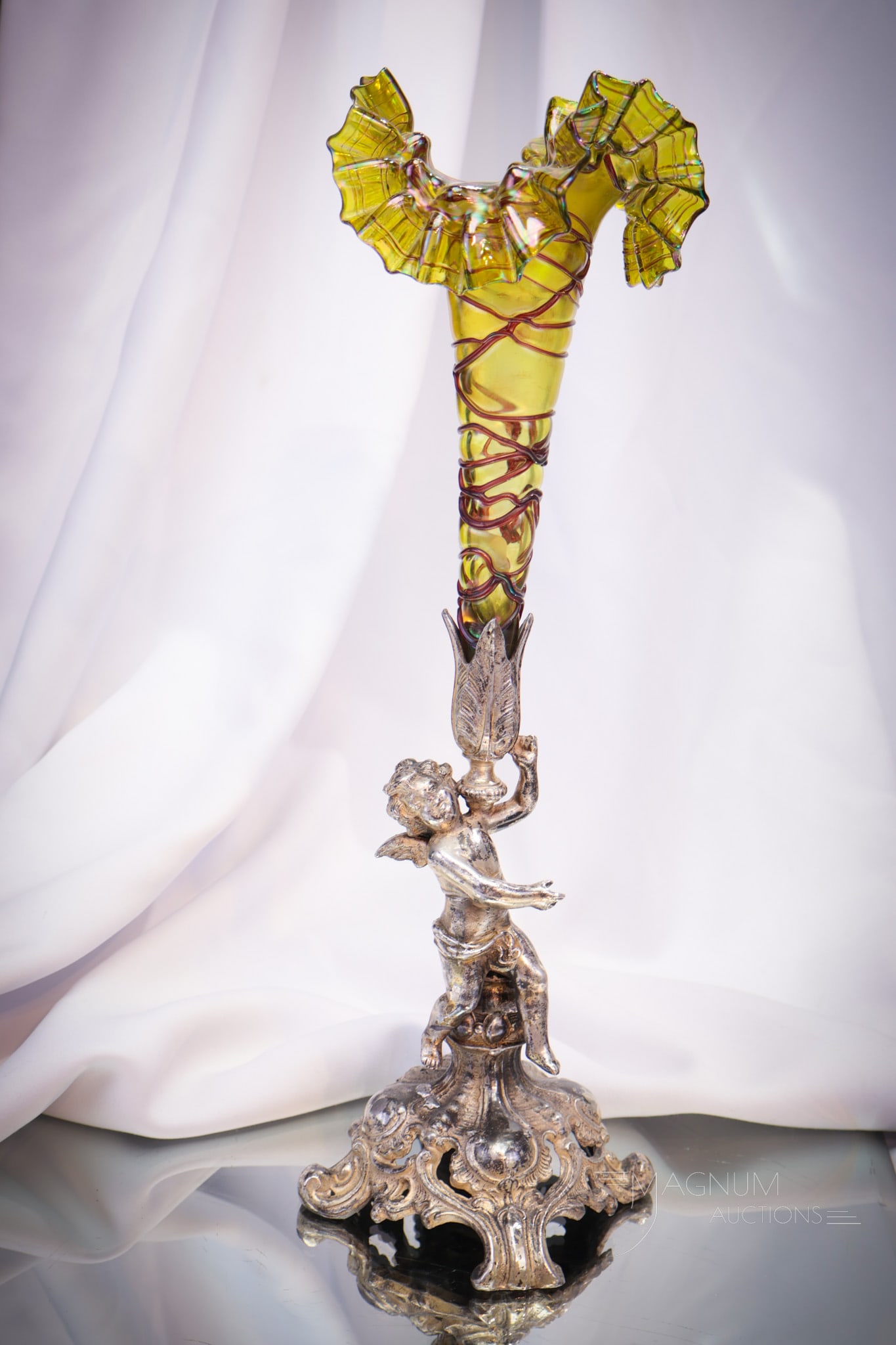 Palme Koenig 14"  Irridescent Art Glass Silverplate Cherub Vase (1 of 13)