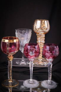 5 pc Assorted Lot Moser Bohemian Locke Art Glass Stems: Five selections sure to please in this offering of unique stems. Included is a gold iridescent enameled example assumed from Fritz Heckert in Petersdorf, Silesia, Germany, catalog number 4572 28, a Mo